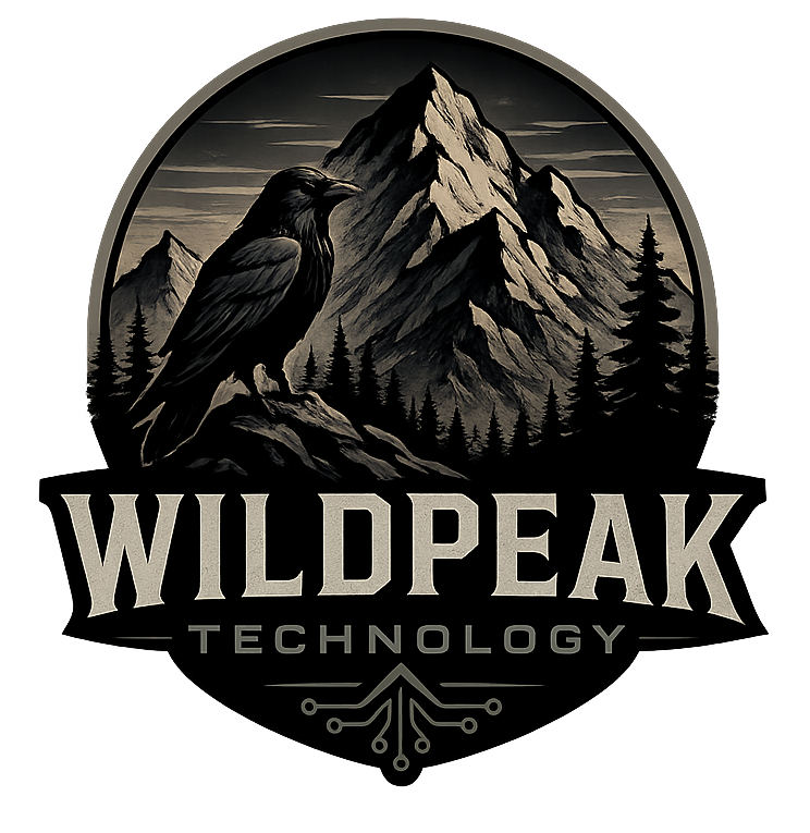 Logo featuring a mountain with a bird perched on a rock, pine trees, and the words 'WildPeak Technology'.