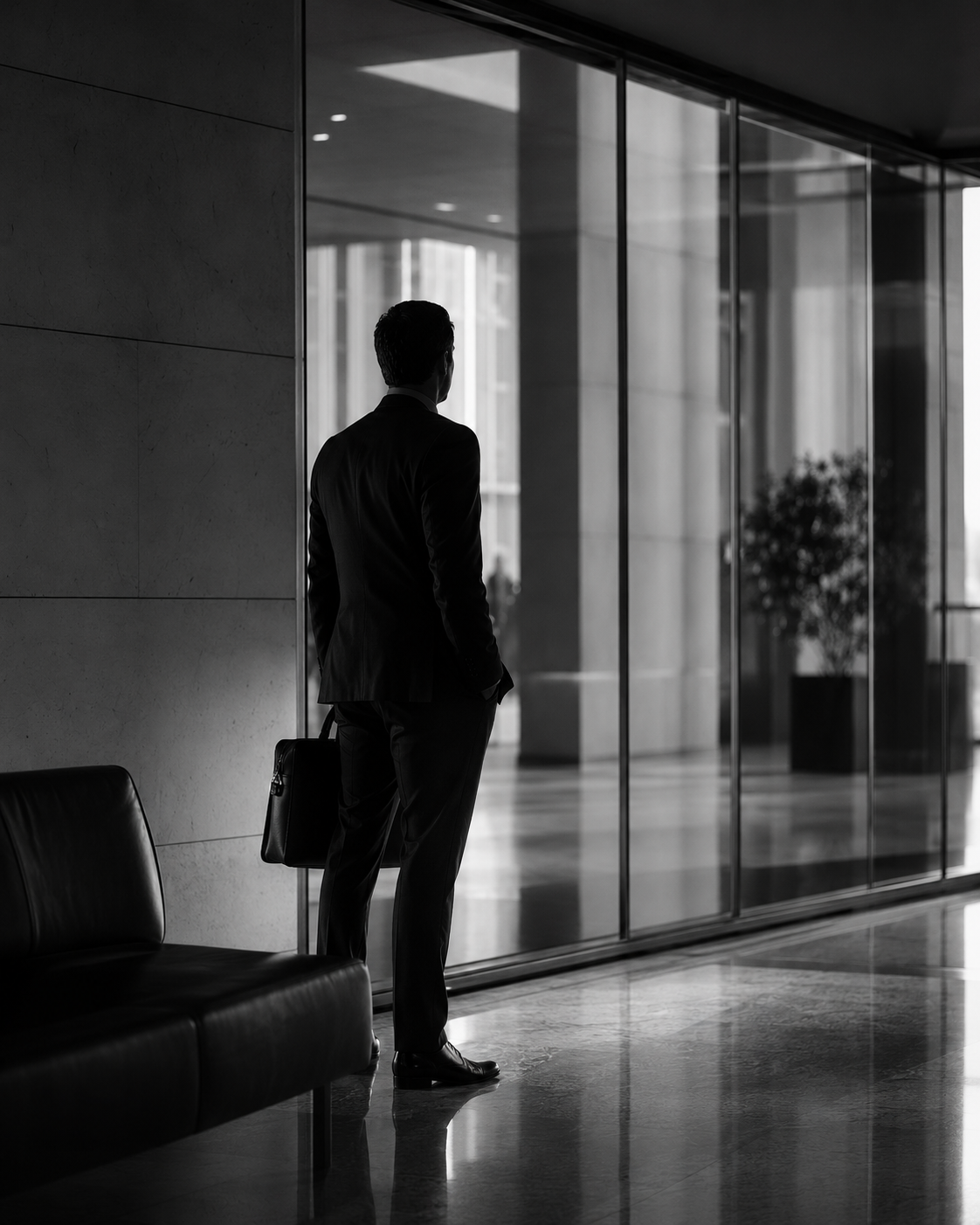 Professional walking through a modern office with a briefcase