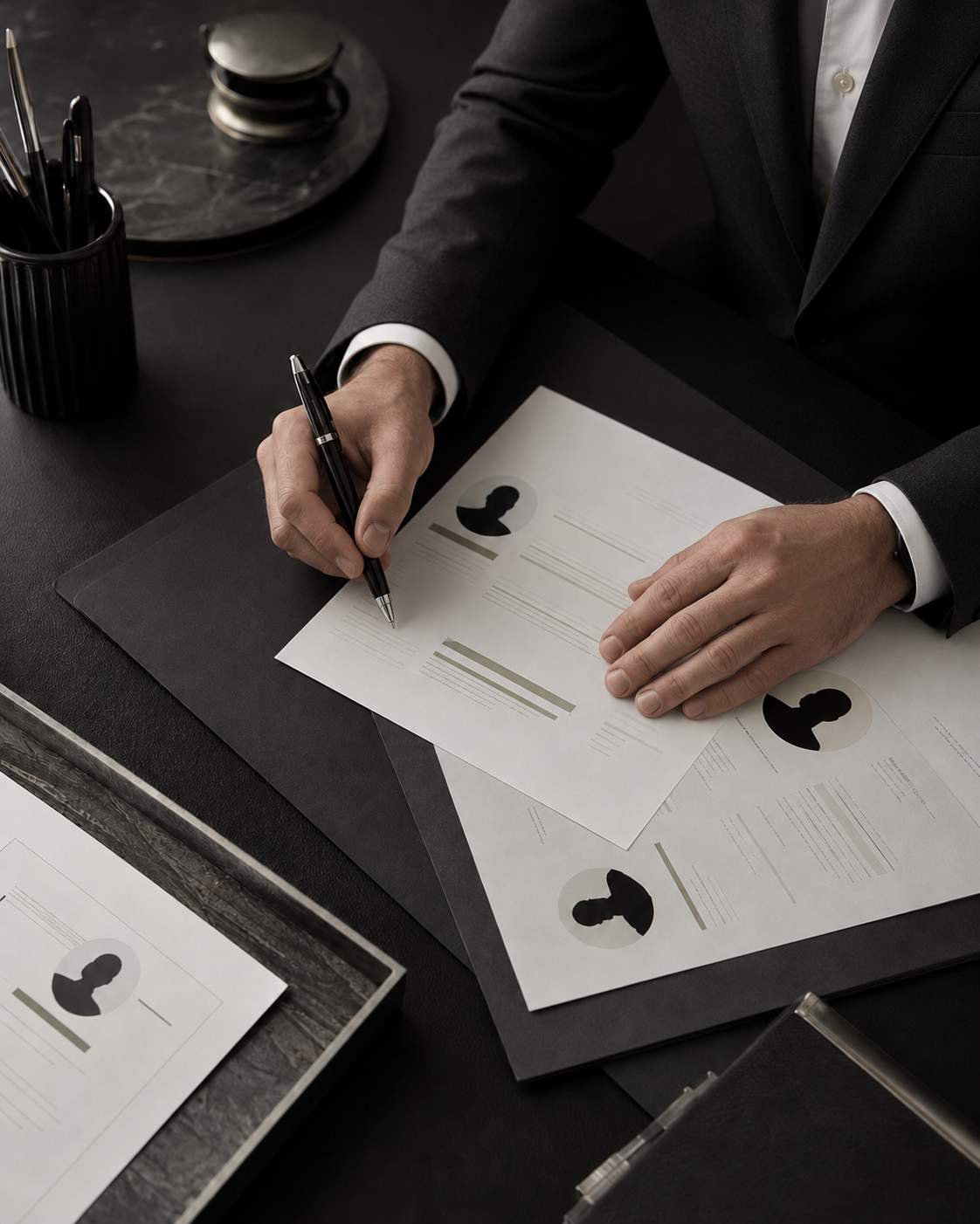 Recruitment professional reviewing candidate profiles and assessment documents