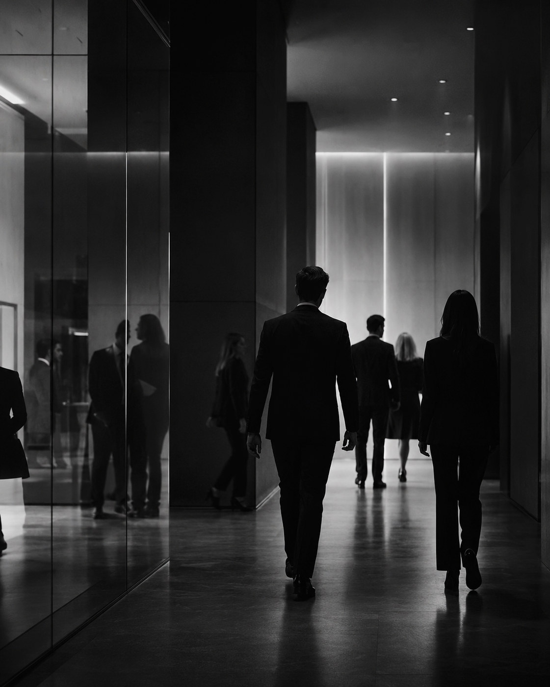 Business professionals walking through a modern office representing recruitment and talent connections