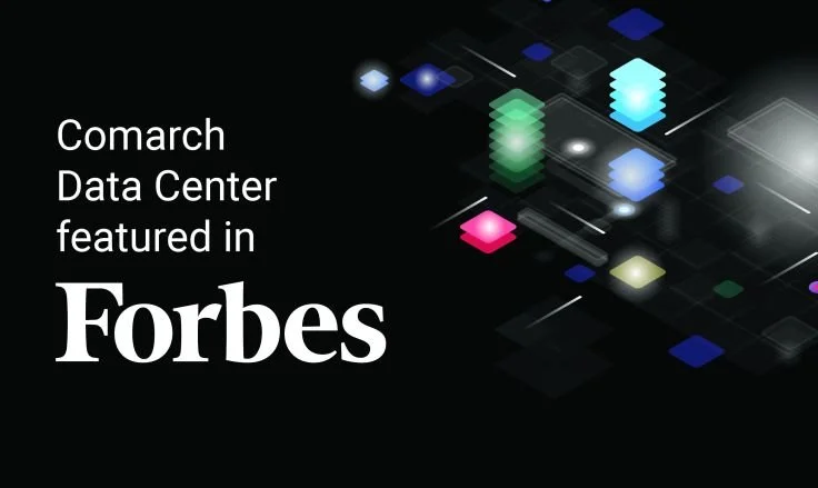 Graphic showing digital data streams with text indicating Comarch Data Center was featured in Forbes.