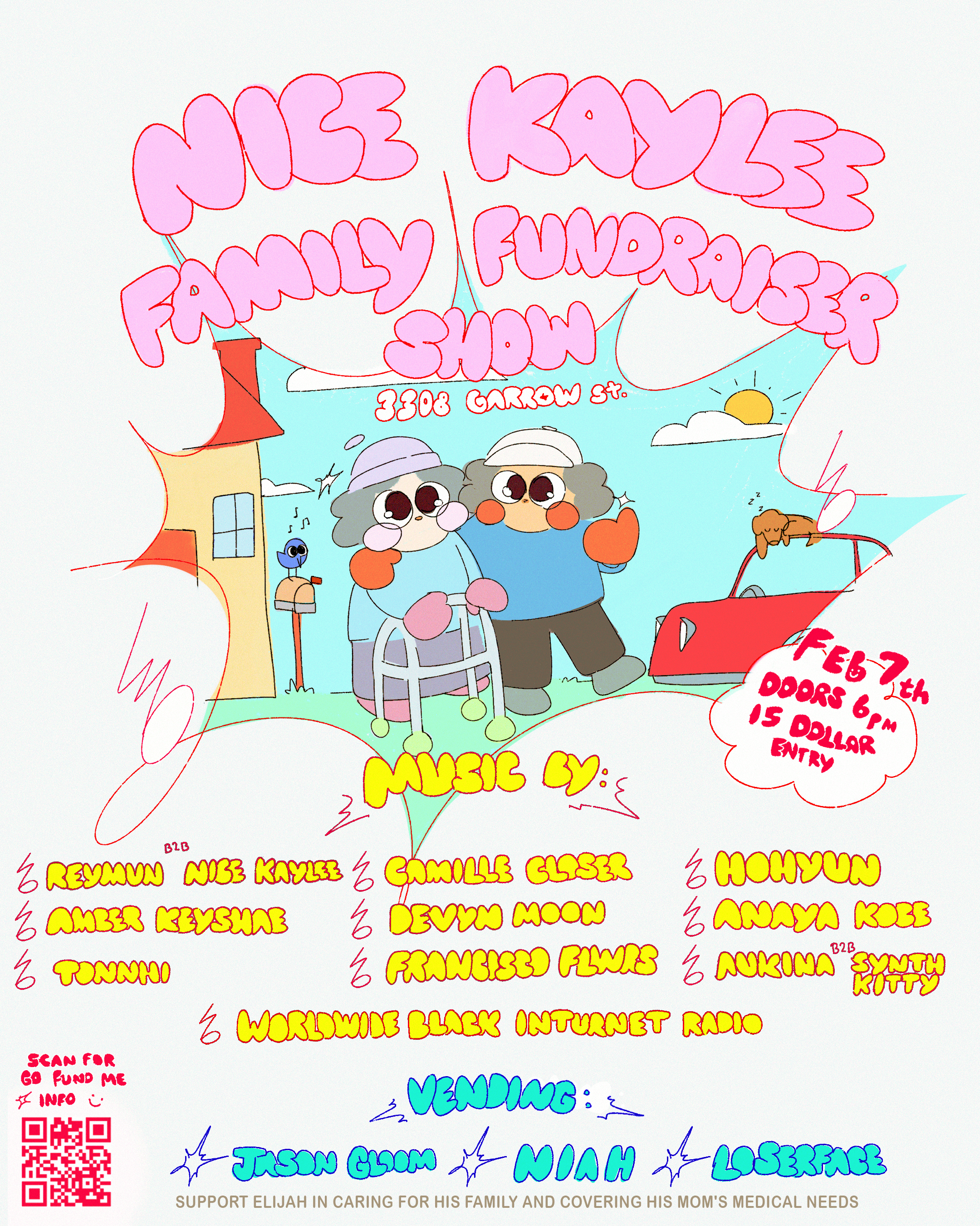 Colorful illustrated flyer for a fundraising event featuring cartoon characters, event details including date, time, price, and location, a QR code for more info, and a request for support for Elijah's medical needs.