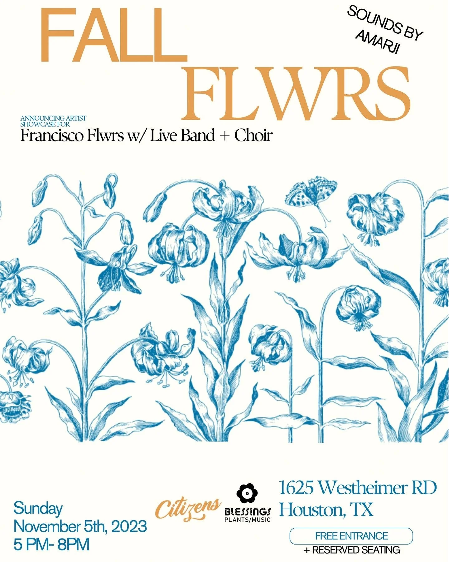 Invitation for an event called 'Fall Flowers' featuring artwork of blue flowering plants at the bottom, with event details including date, time, location, and performers, and text indicating free entry with reserved seating.