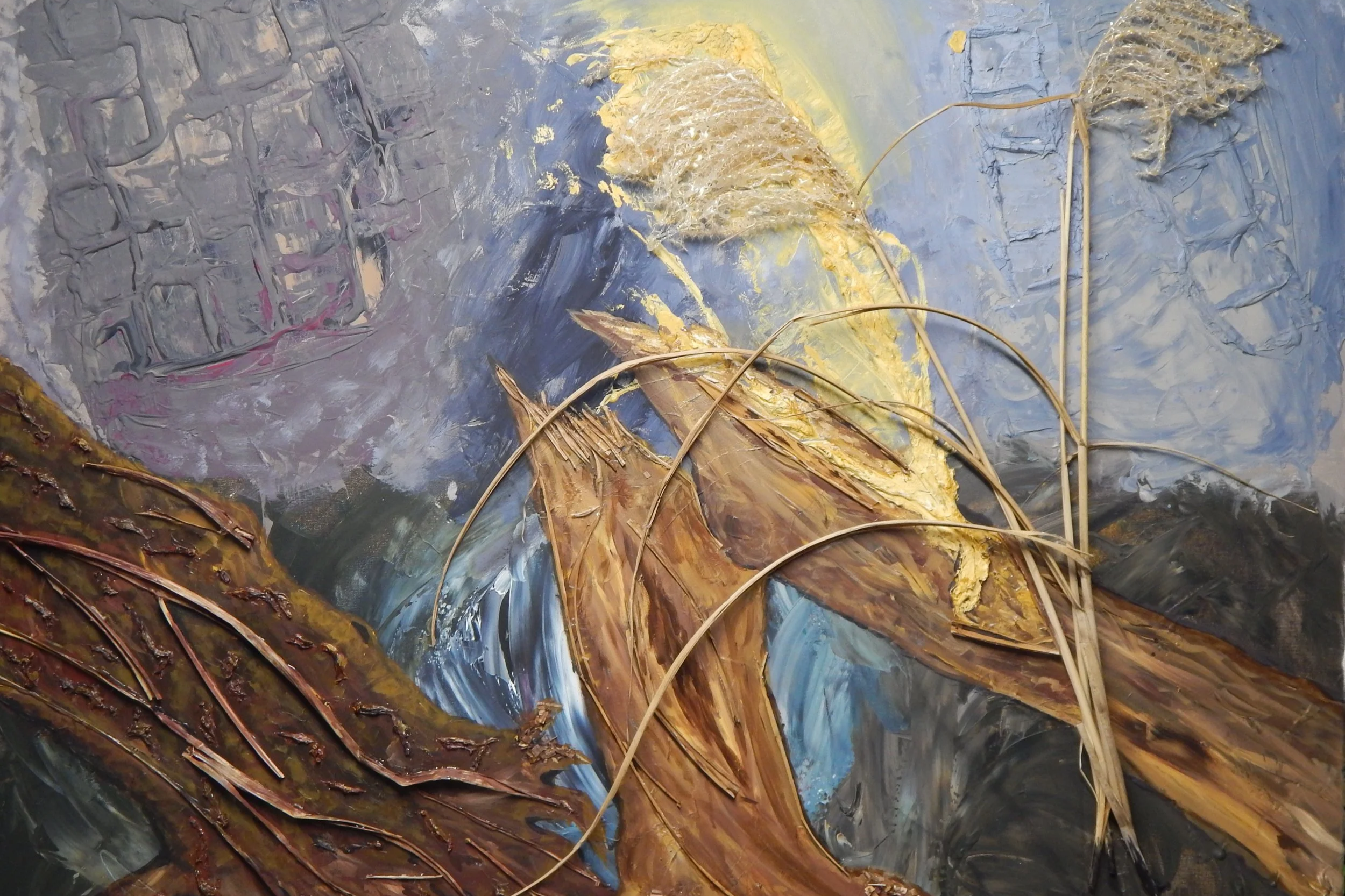 Layered textures and symbolic imagery reflect memory, loss, and the lasting marks left behind.