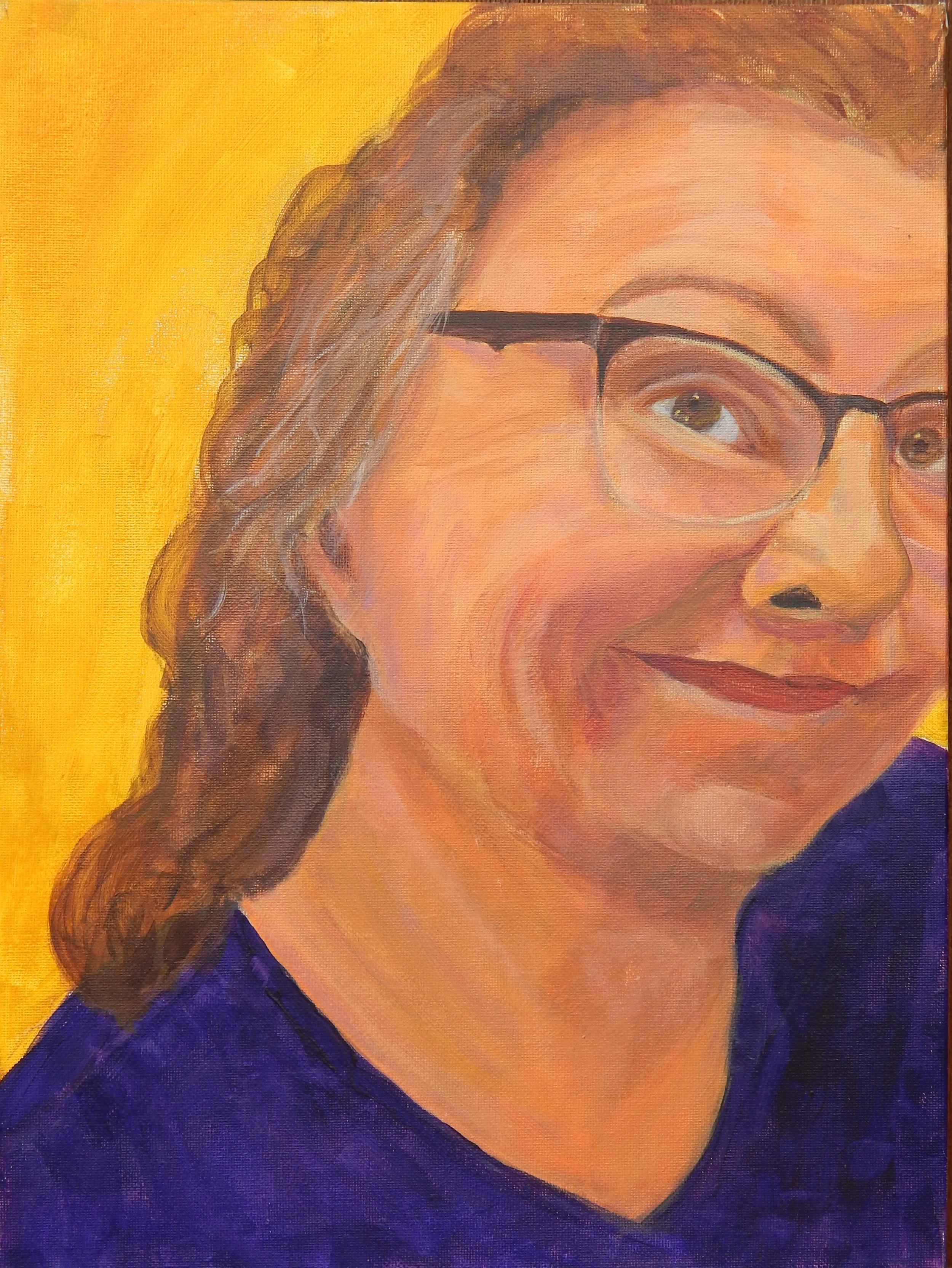 A self-portrait showing three-quarters of the artist's face with a thoughtful, questioning expression and softly blended color that creates depth and dimension.