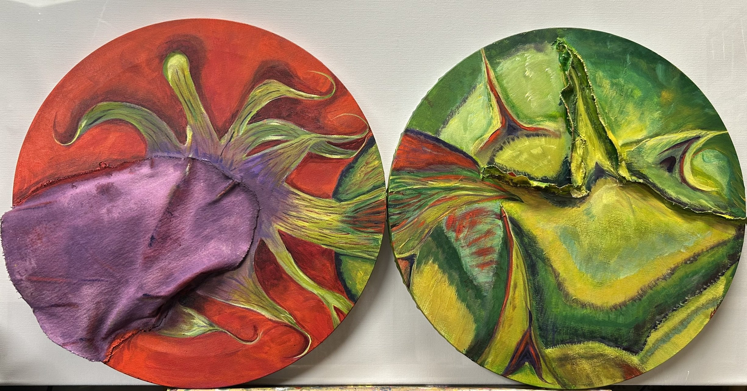 An abstract mixed media composition inspired by close-up views of fruit, featuring layered shapes, rich textures, and raised canvas elements that add depth and dimension.