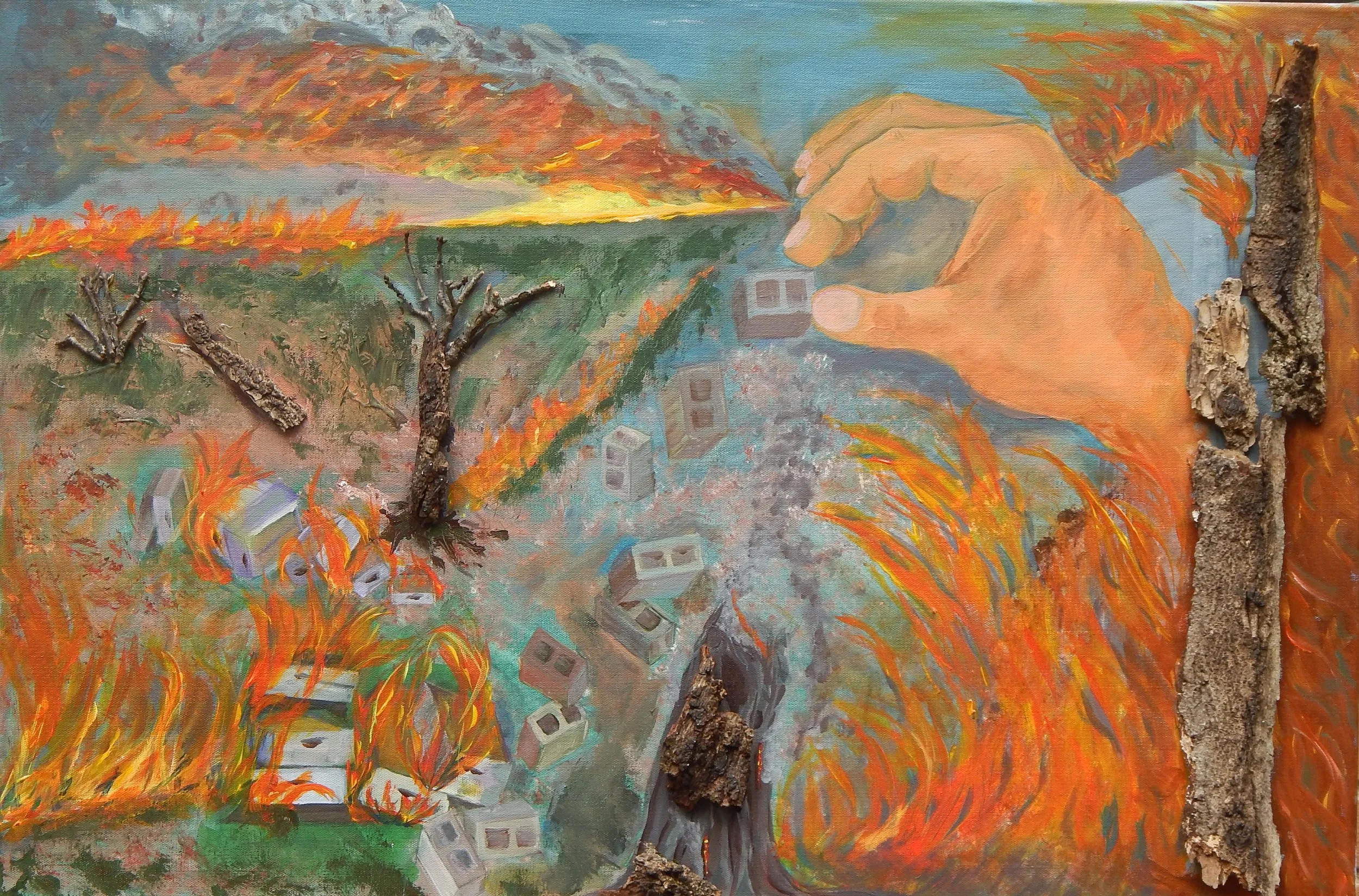 Symbolic forms and textured layers examine humanity's impact on the natural world.