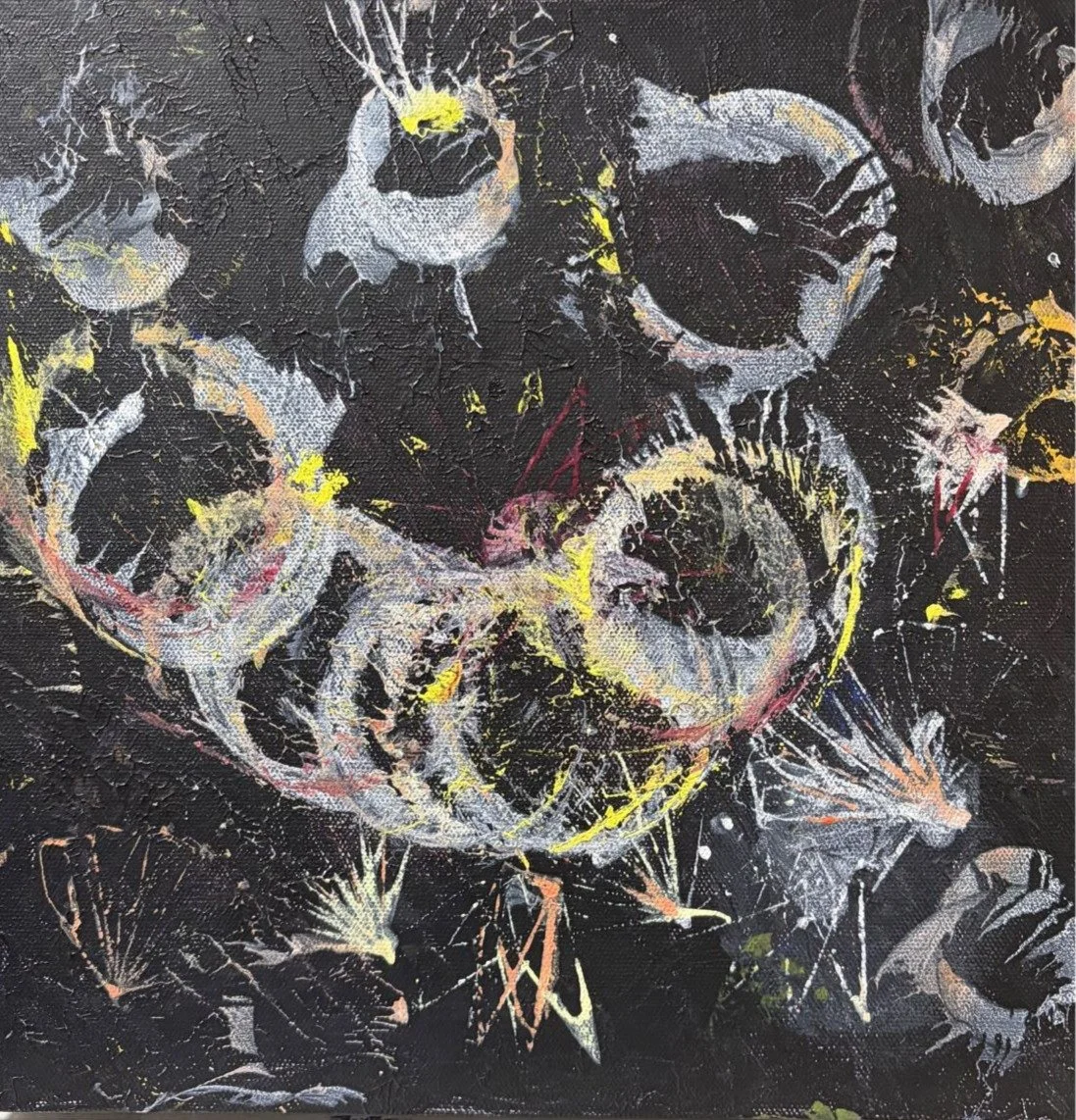 Layered colors and sweeping shapes create a rhythmic sense of motion.