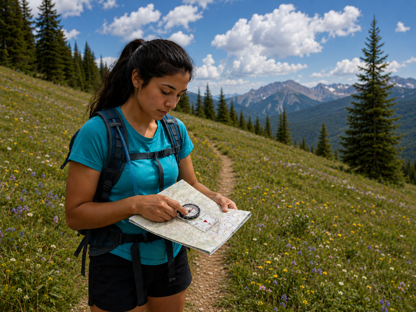 Young woman using a map and compass while hiking on a mountain trail.