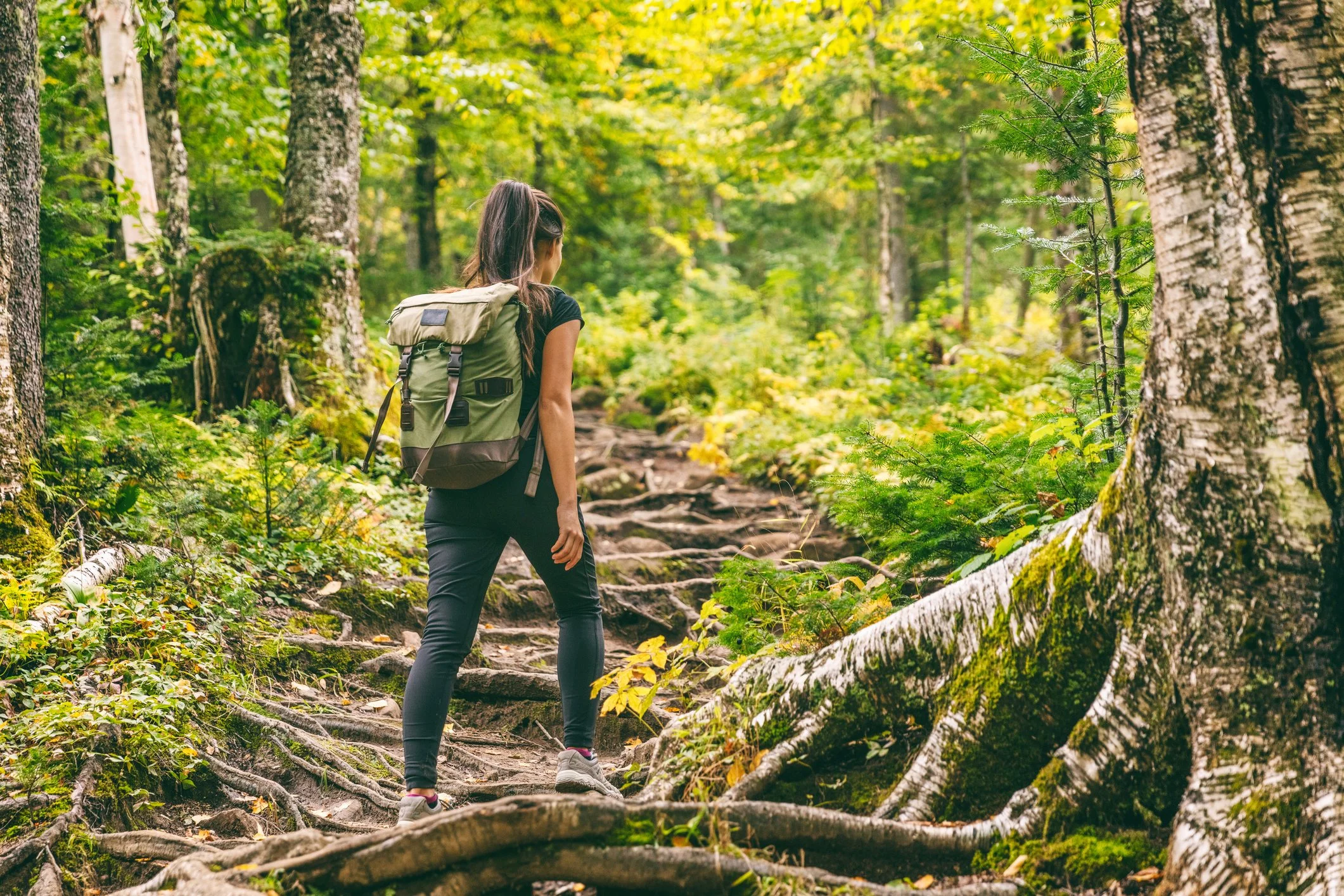 Young woman with a backpack hiking along a rocky forest trail.