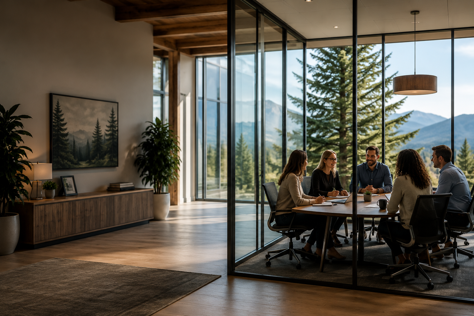 A group of five people having a meeting in a modern glass-walled conference room with mountain and forest view.