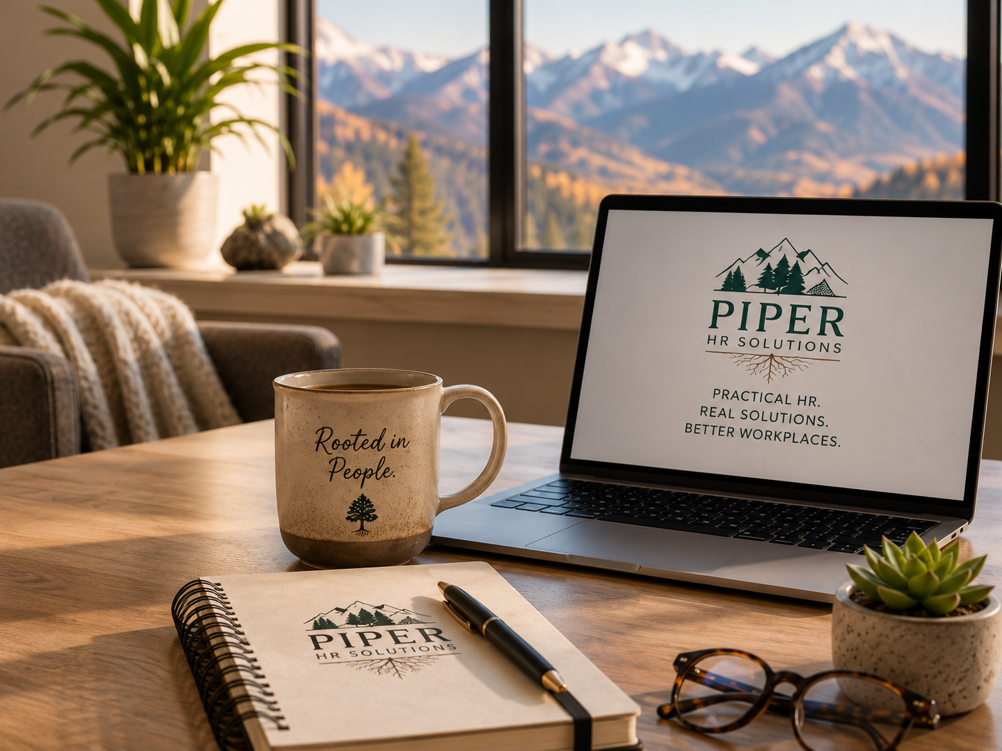 Piper HR Solutions workspace featuring branded materials and a laptop, representing professional HR consulting and leadership support.