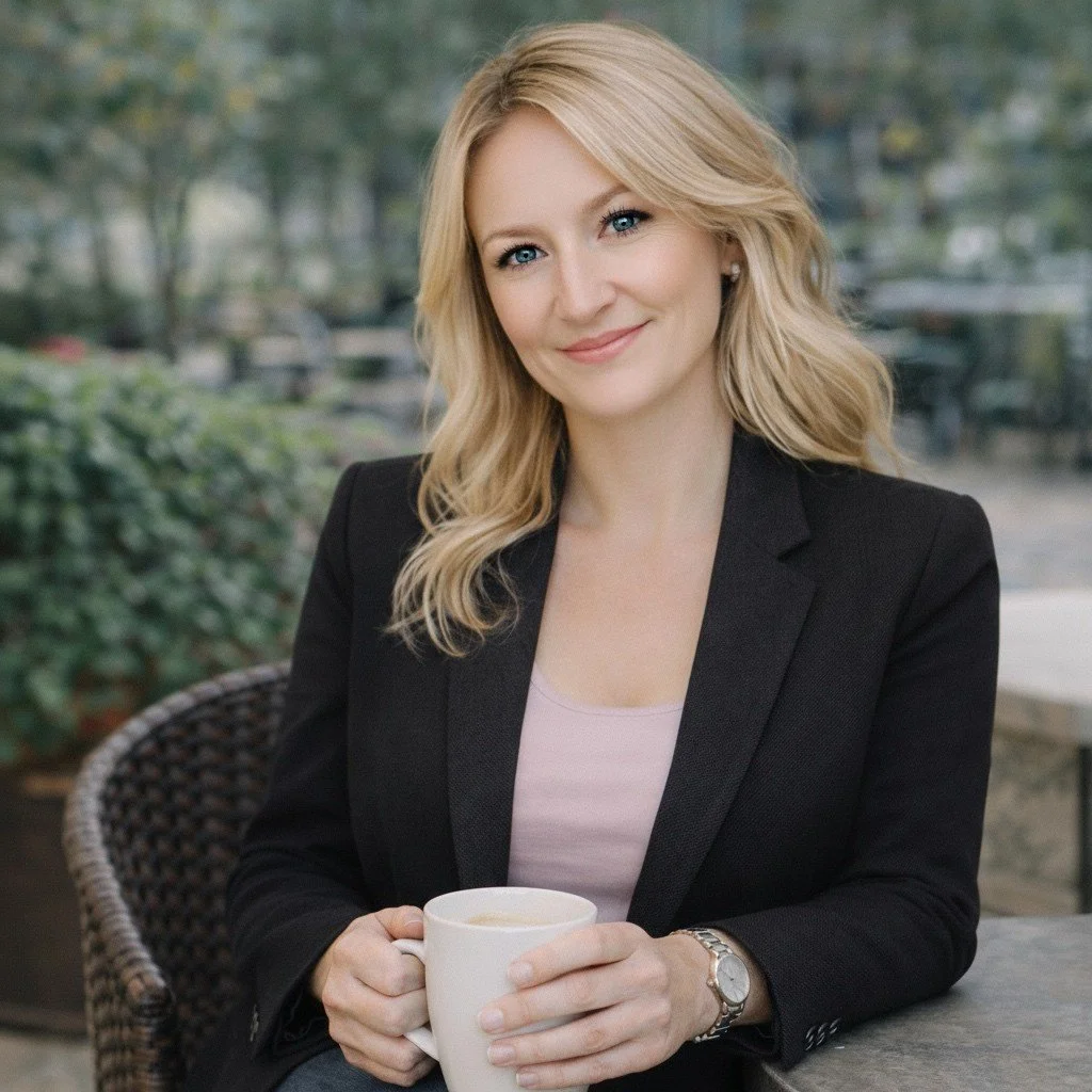 A woman with blonde hair and blue eyes sitting outdoors, smiling, holding a white mug of coffee, wearing a black blazer and a light-colored top.