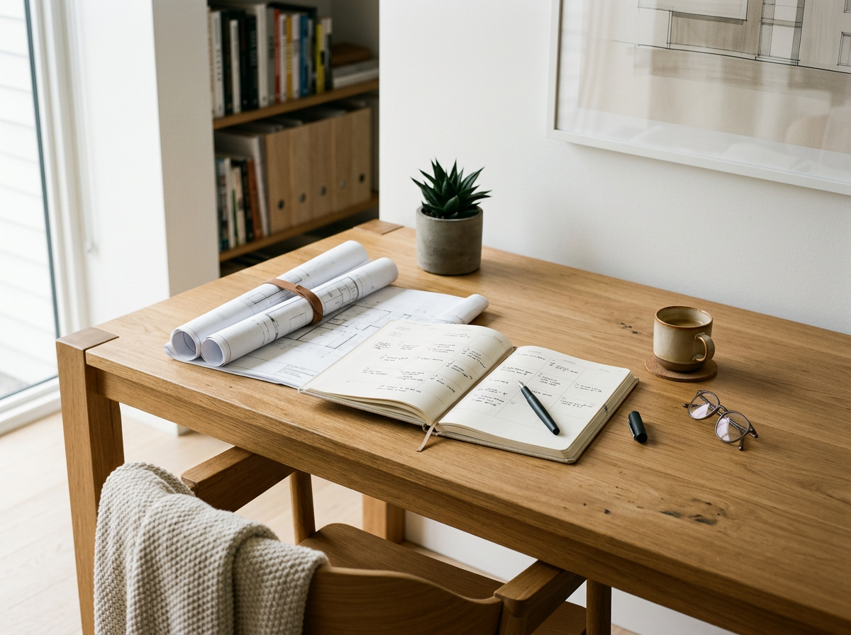 Wooden desk with rolled blueprints, an open planner with a pen, a ceramic mug on a coaster, a pair of sunglasses, and a potted plant. In the background, bookshelves and a framed drawing are visible.