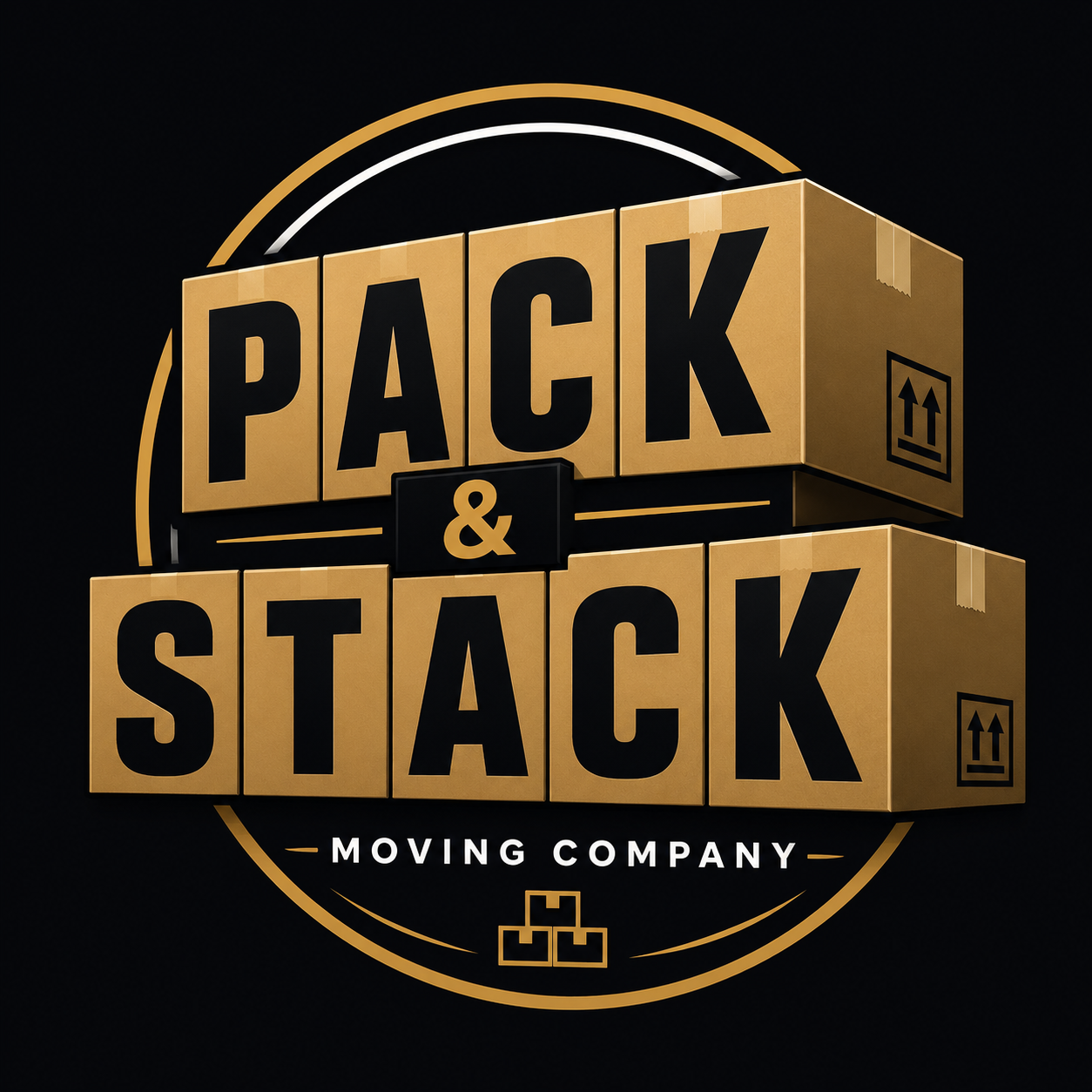 Logo for a moving company featuring stacked cardboard boxes with the words 'Pack & Stack' and ‘Moving Company’ beneath, set against a black background with gold and white accents.