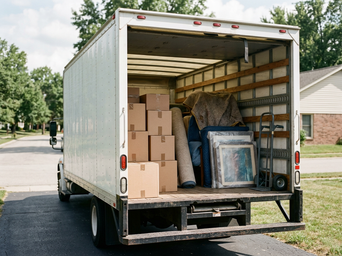 Back of a moving truck filled with boxes, furniture, and other household items, parked on a suburban street.