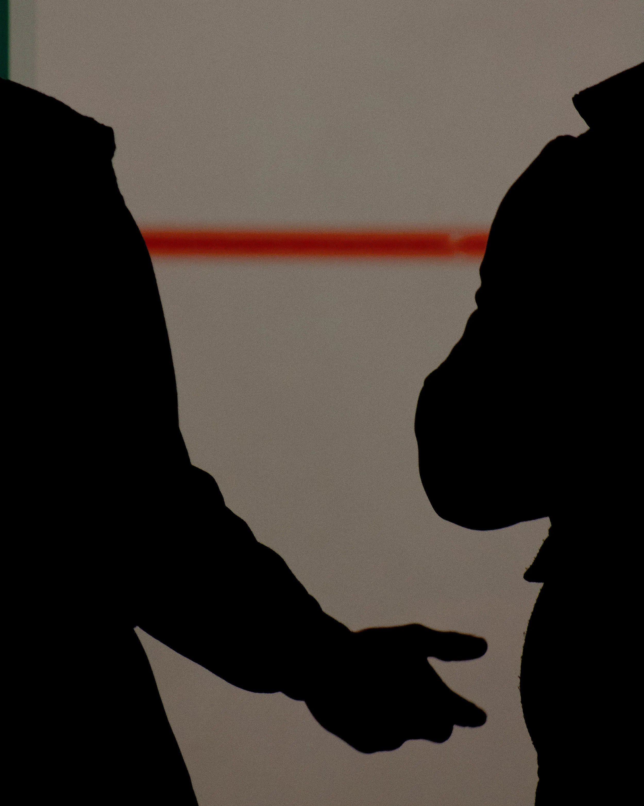 Silhouette of a couple facing each other with their foreheads touching, set against a sunset or sunrise with a faint red glow in the sky.
