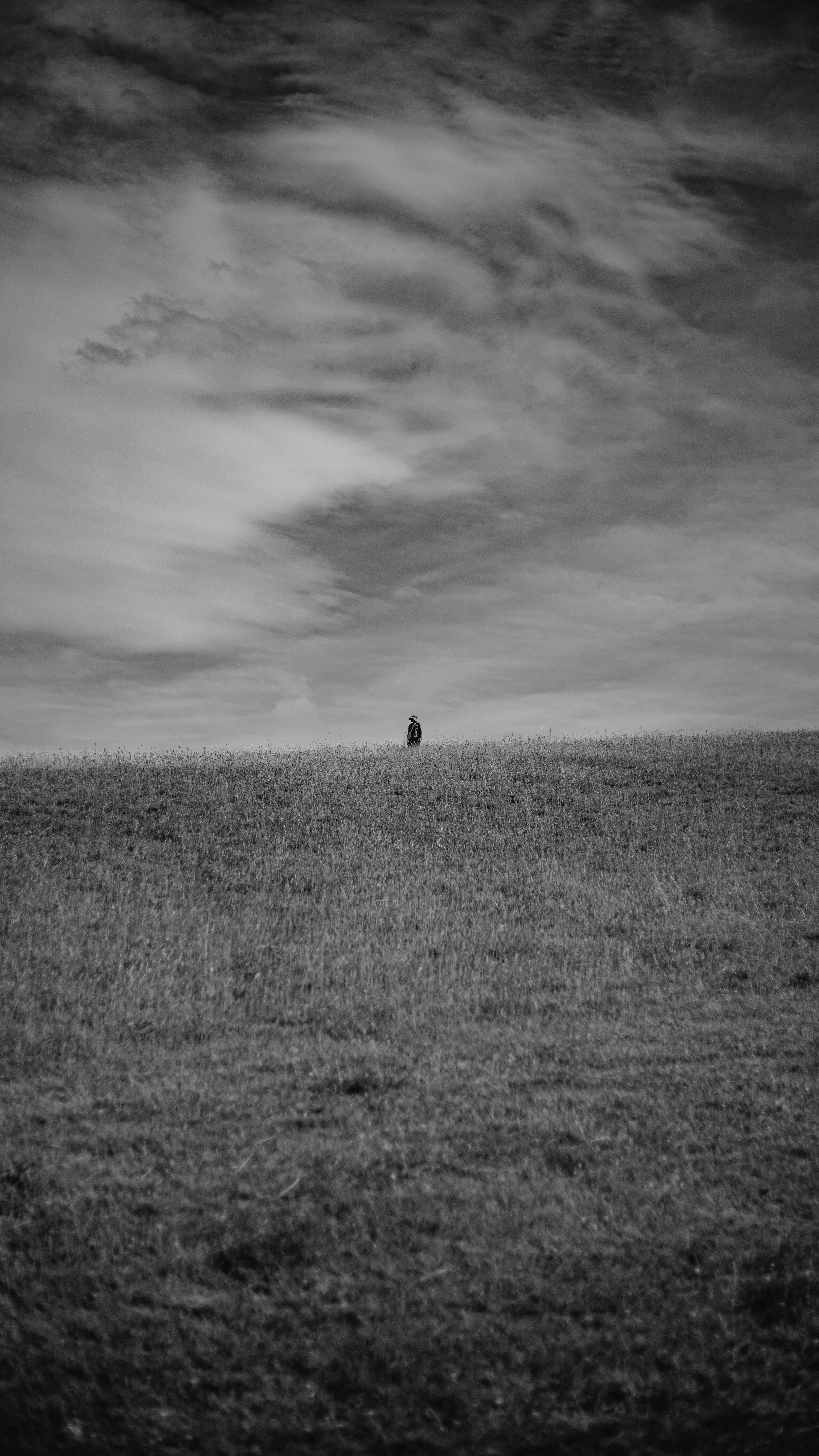 A black and white photograph of a vast grassy field with a person standing alone near the horizon under a cloudy sky.