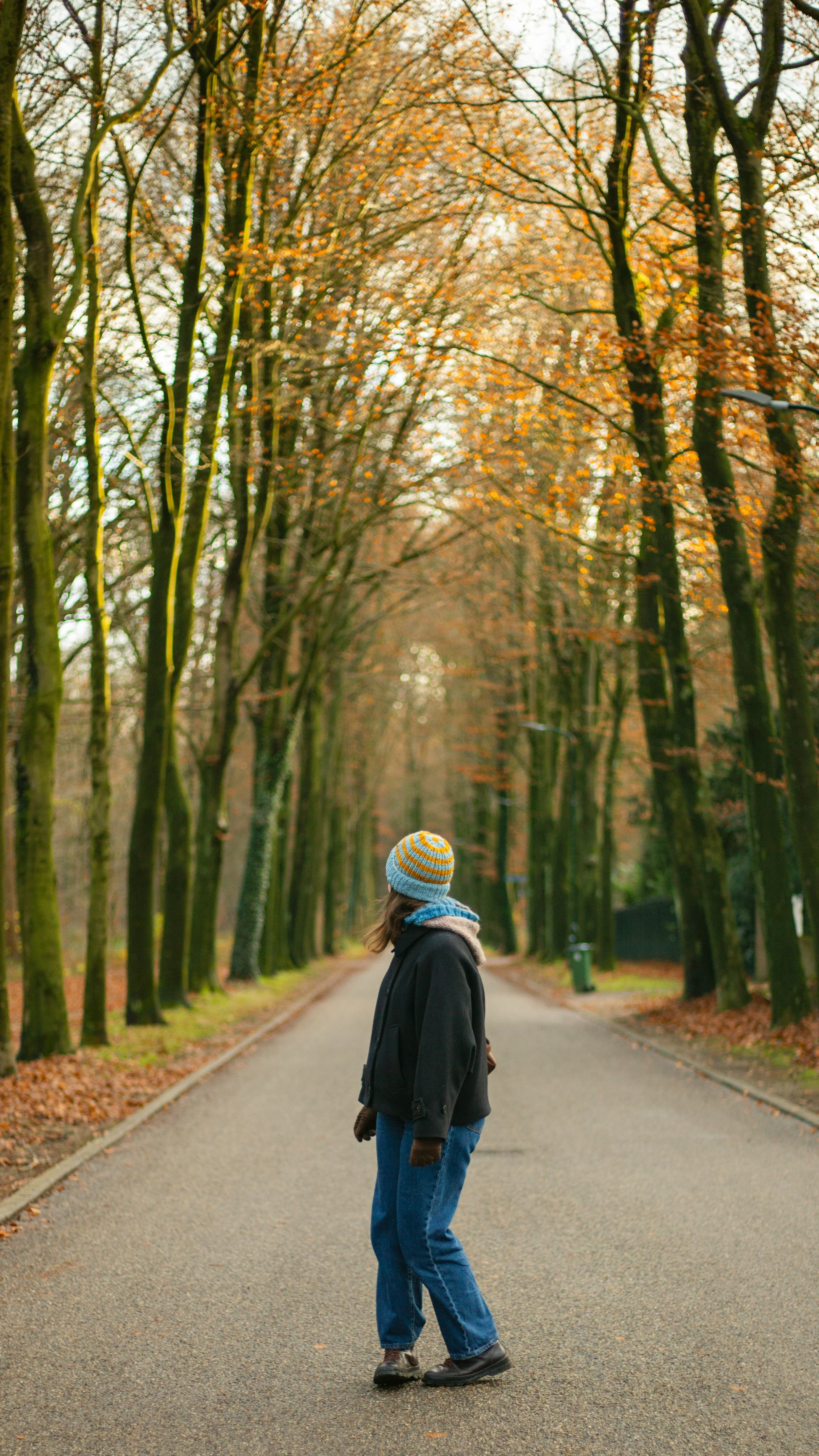 A person in a black coat, blue jeans, and gray boots walking on a tree-lined path in a park during autumn, wearing a striped blue, yellow, and gray beanie, with fallen leaves on the ground and orange leaves on the trees.