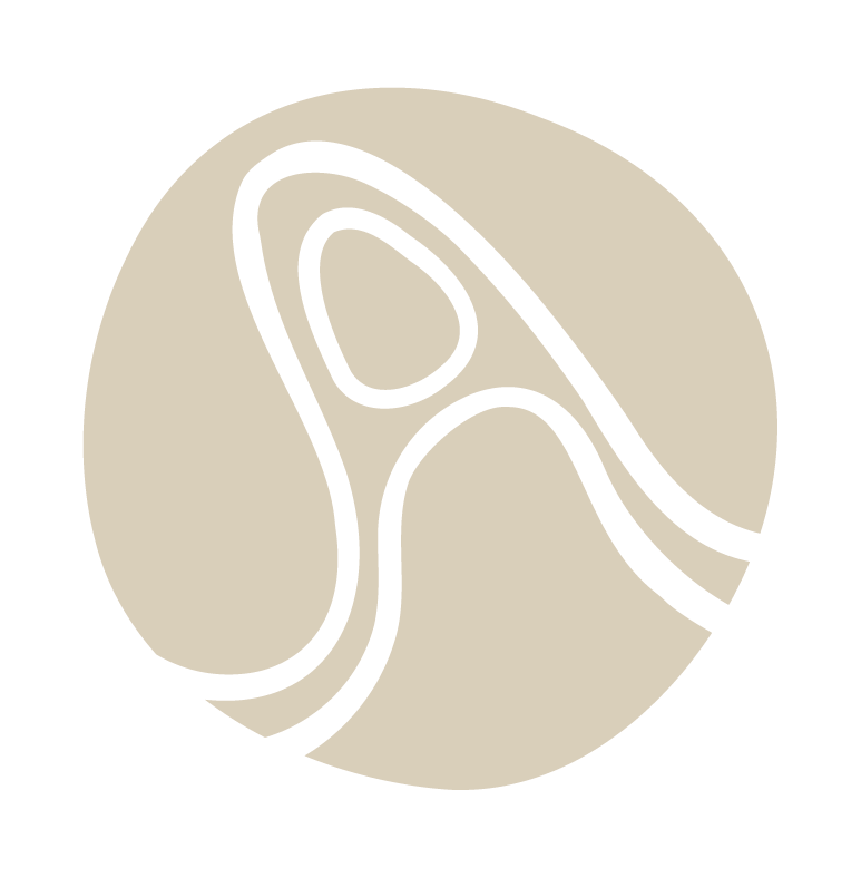 A simple, abstract line drawing of the letter "A" on a beige circular background.