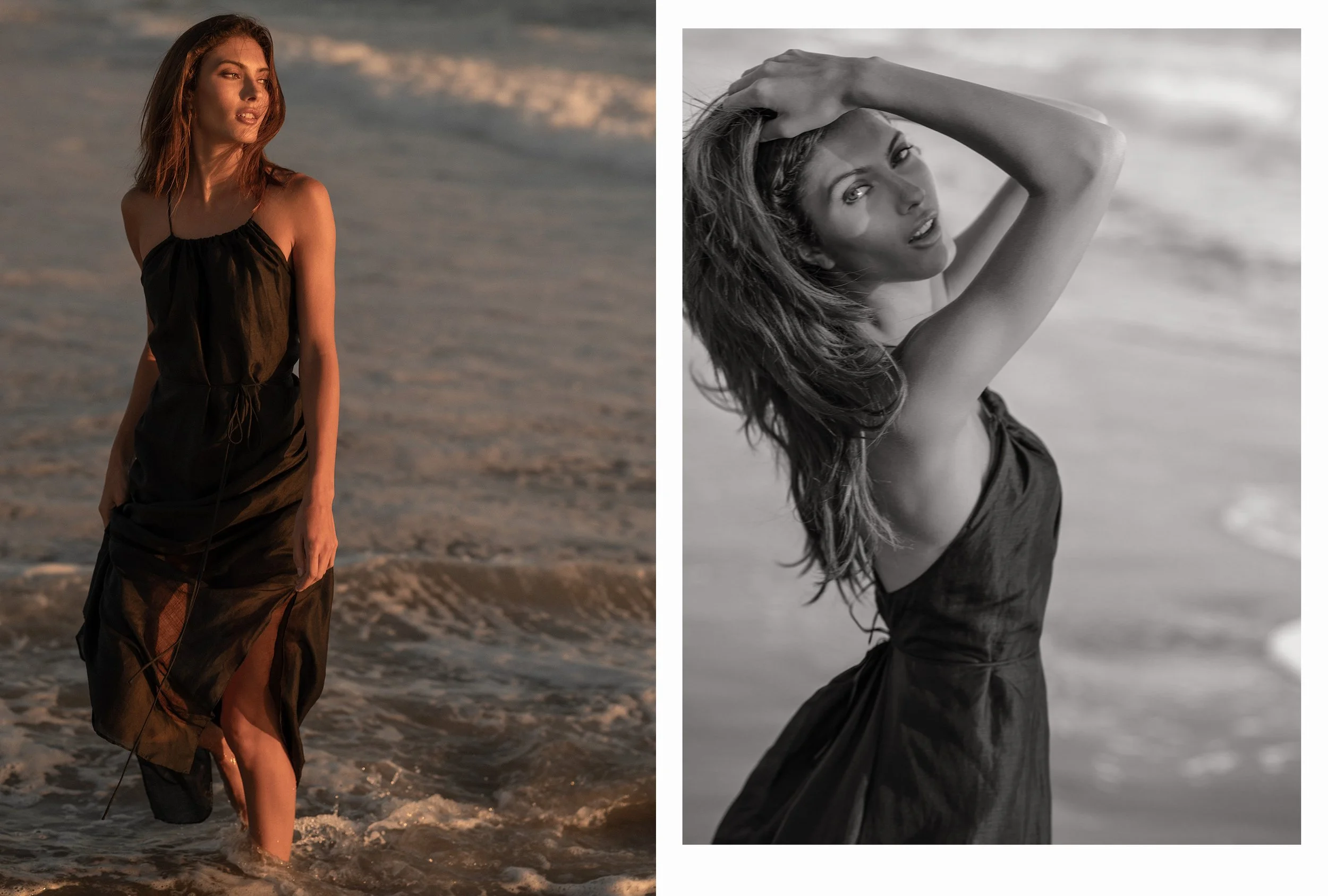 A woman standing in shallow ocean water during sunset, wearing a black dress, with one arm raised and touching her head, looking to the side. Beside her is a black-and-white version of the same woman posing with one arm raised, looking directly at th