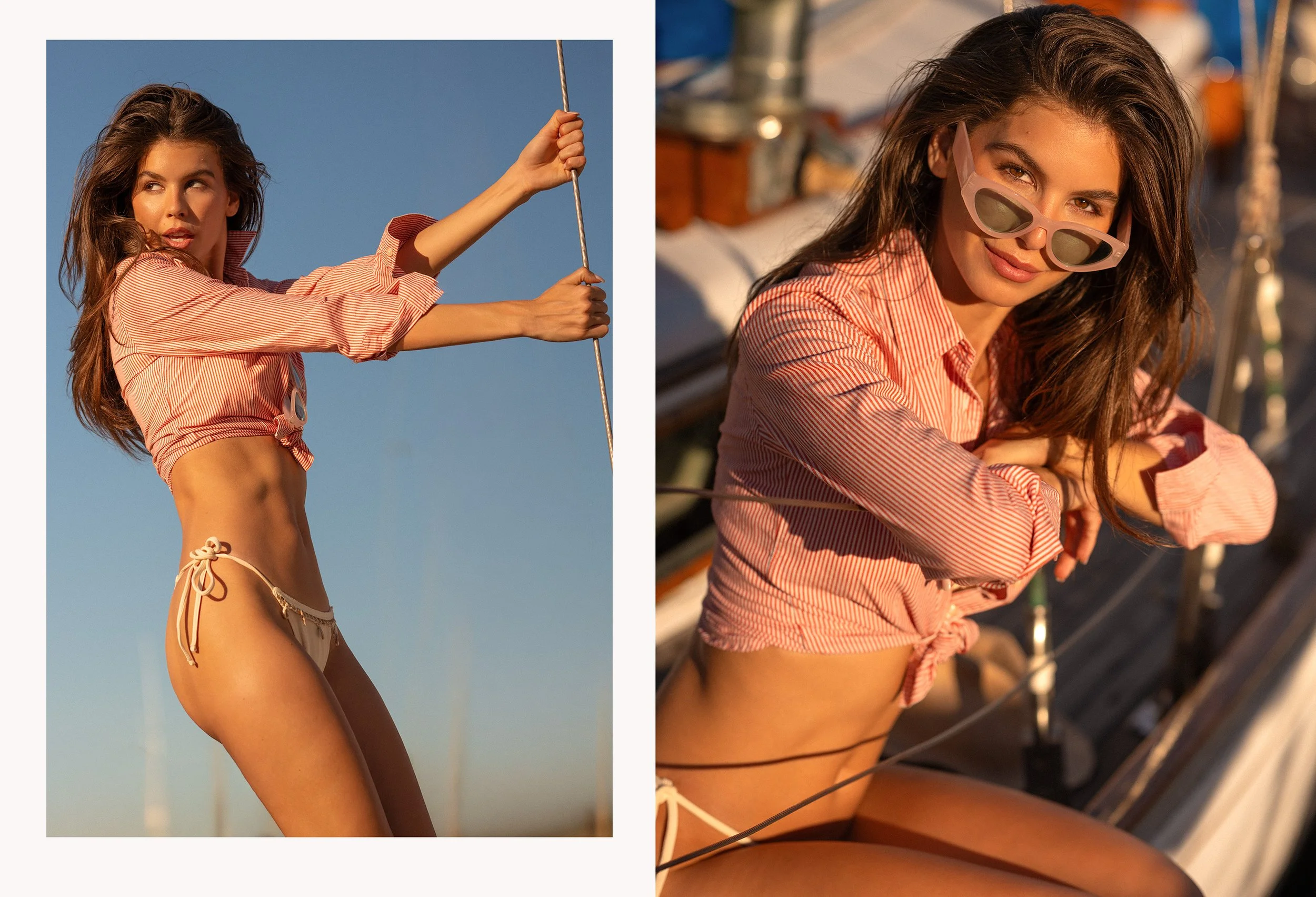 Photographed by Fashion, resort, swimwear, luxury lifestyle photographer, Kelly Fajack. clear blue sky background, while the second is a close-up of her sitting on a boat, smiling and wearing sunglasses.
