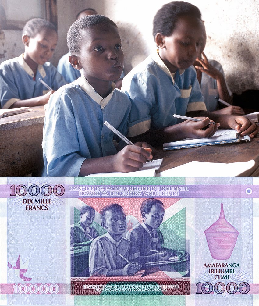 Students in a classroom with blue uniforms, sitting at desks, writing, with a 10,000 Burundian franc banknote replacing the lower half of the image. Photographed by Kelly Fajack