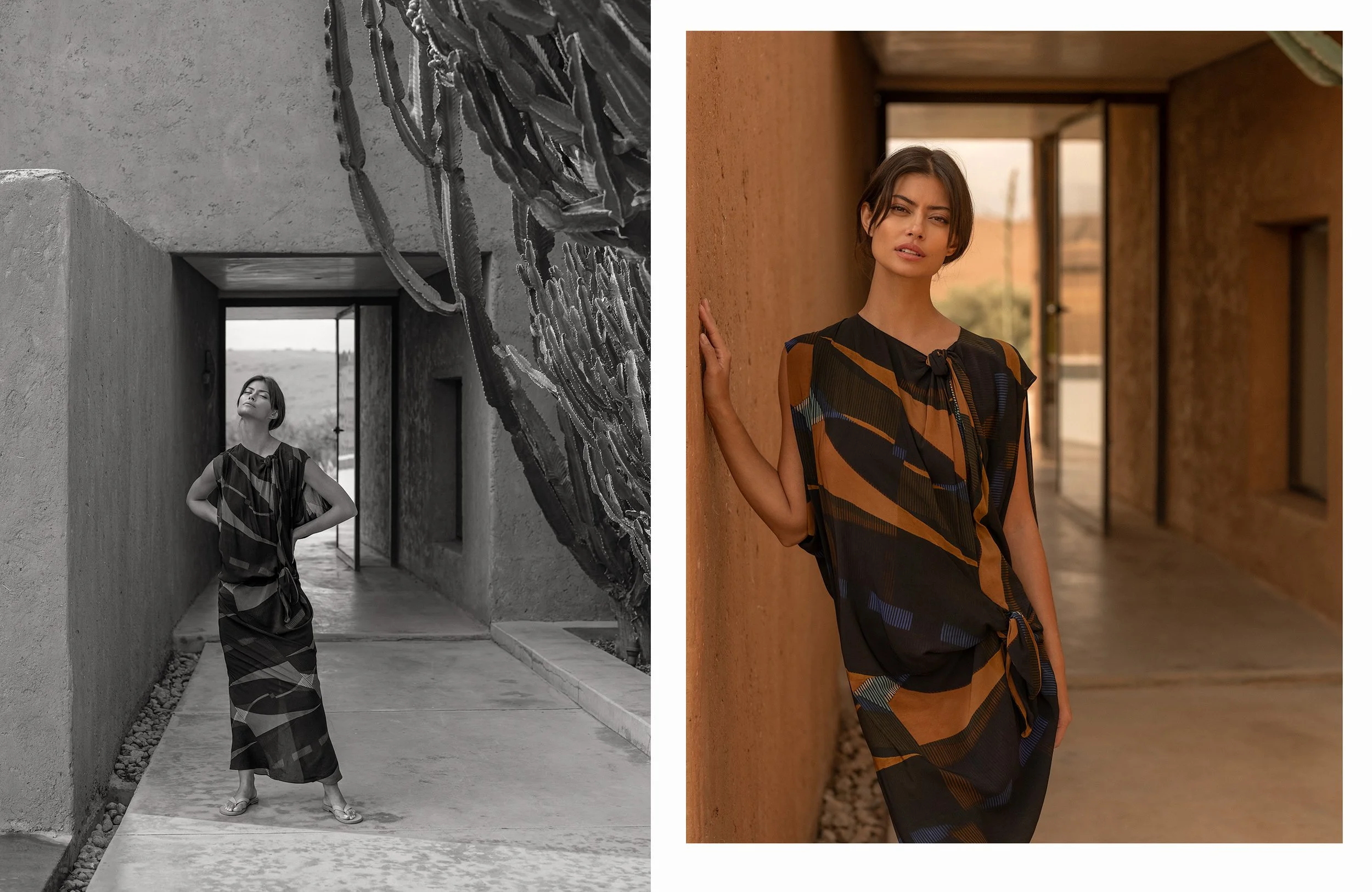 A woman in a striped dress standing in an outdoor architectural setting in Morocco. Photographed by Fashion, resort, swimwear, luxury lifestyle photographer, Kelly Fajack.