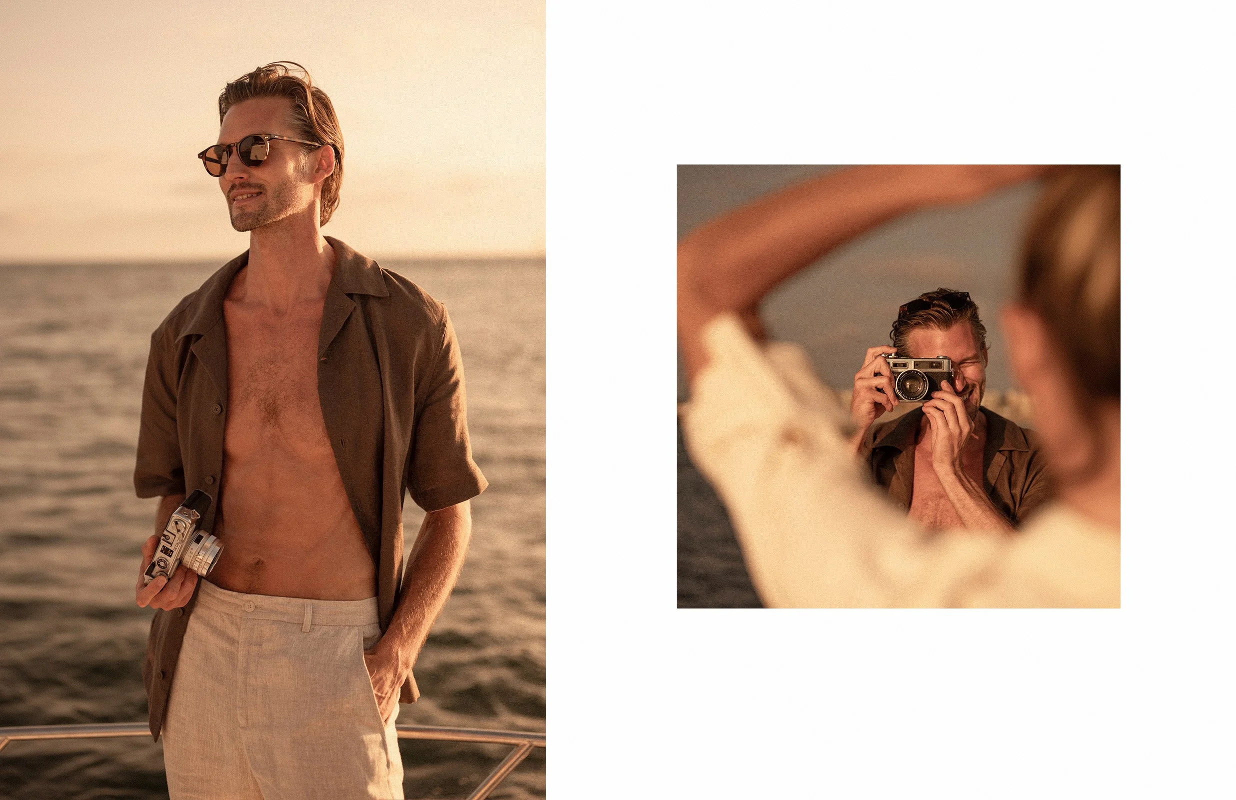 A man with sunglasses standing on a boat at sunset, holding a vintage camera, with ocean in the background.