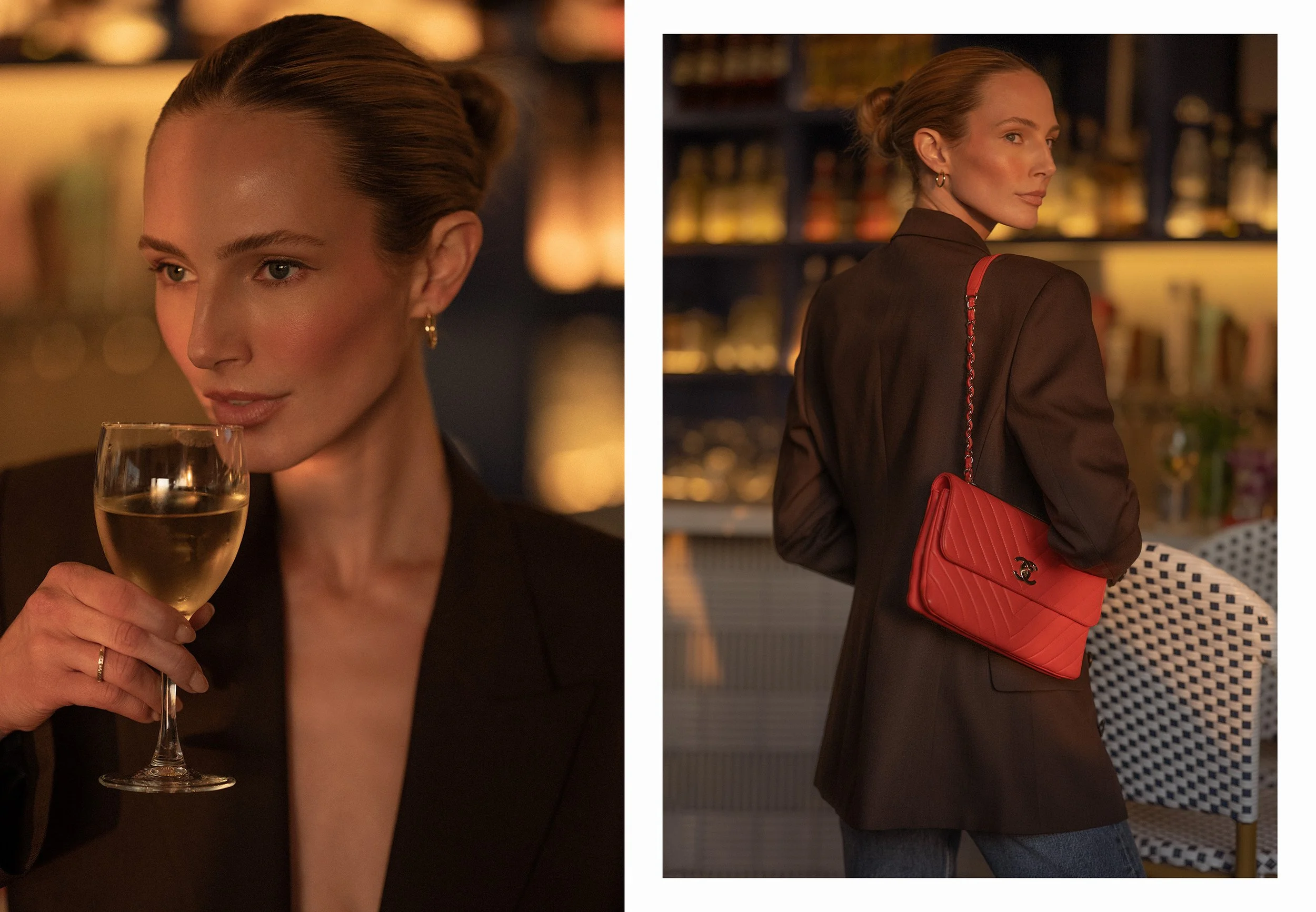 Side-by-side images of a woman with red hair in an updo. The left image shows her holding a glass of white wine, with a close-up of her face and shoulder. Photographed by Fashion, resort, swimwear, luxury lifestyle photographer, Kelly Fajack. 