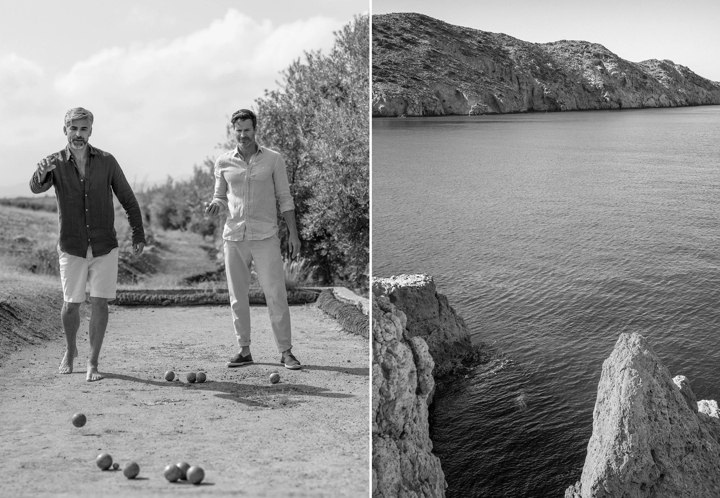 A split black and white photo showing two men playing bocce on a dirt court, with a rocky cliff and water in the background.
