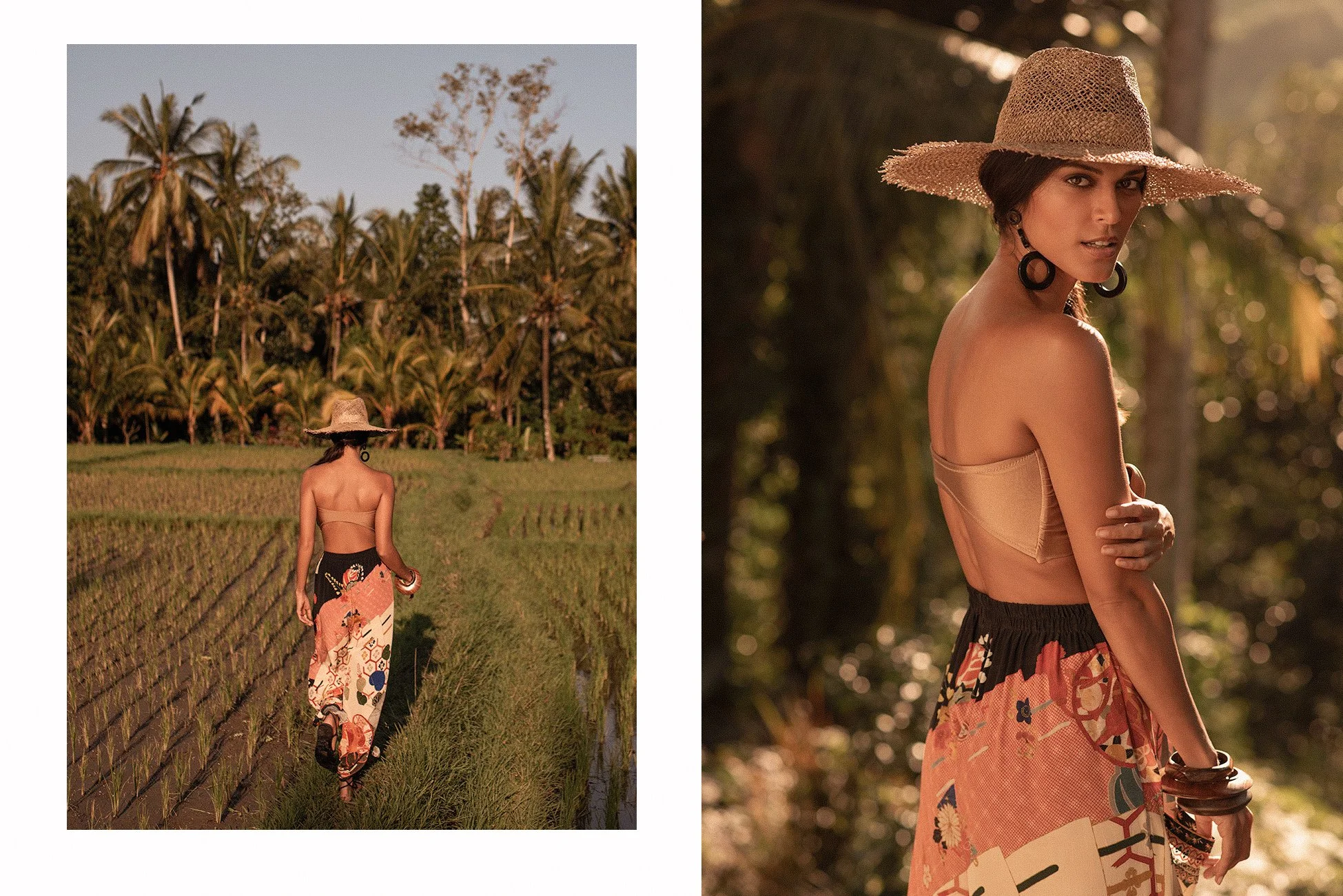 A woman standing in a rice field wearing a large straw hat, a strapless top, and a long floral skirt. Photographed by Fashion, resort, swimwear, luxury lifestyle photographer, Kelly Fajack.