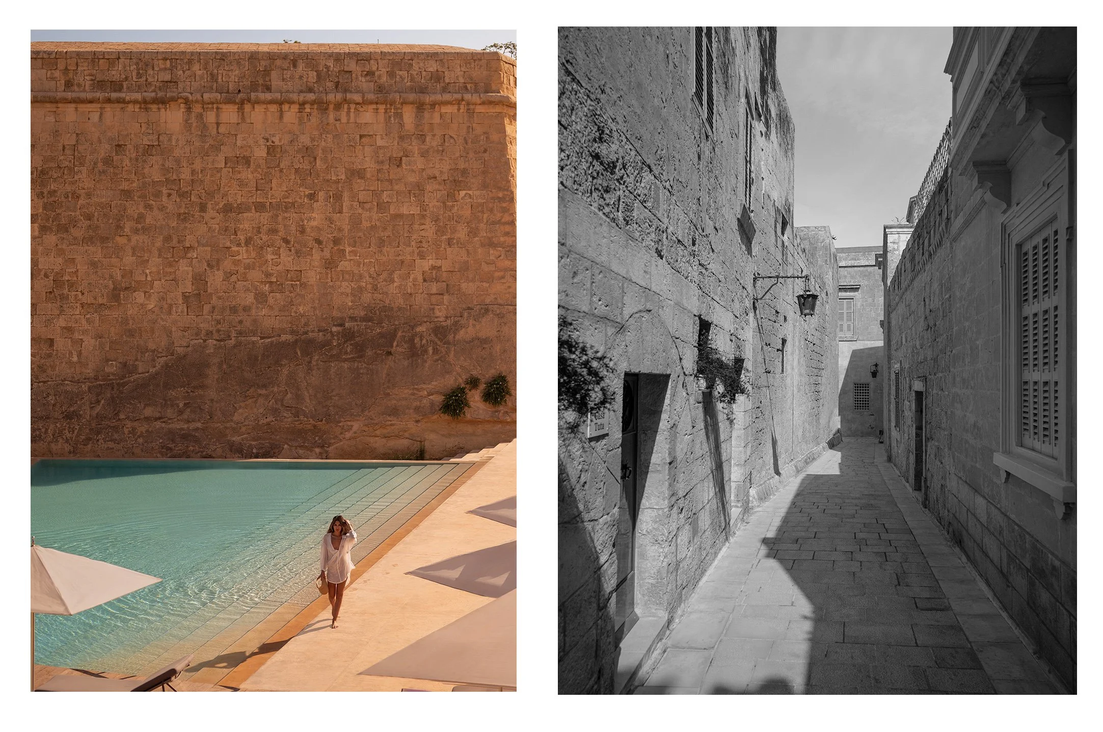 A split image with the left side showing a modern, colorful poolside scene with a woman walking along the edge, and the right side displaying a black-and-white photo of narrow historical stone alleyways with old buildings.