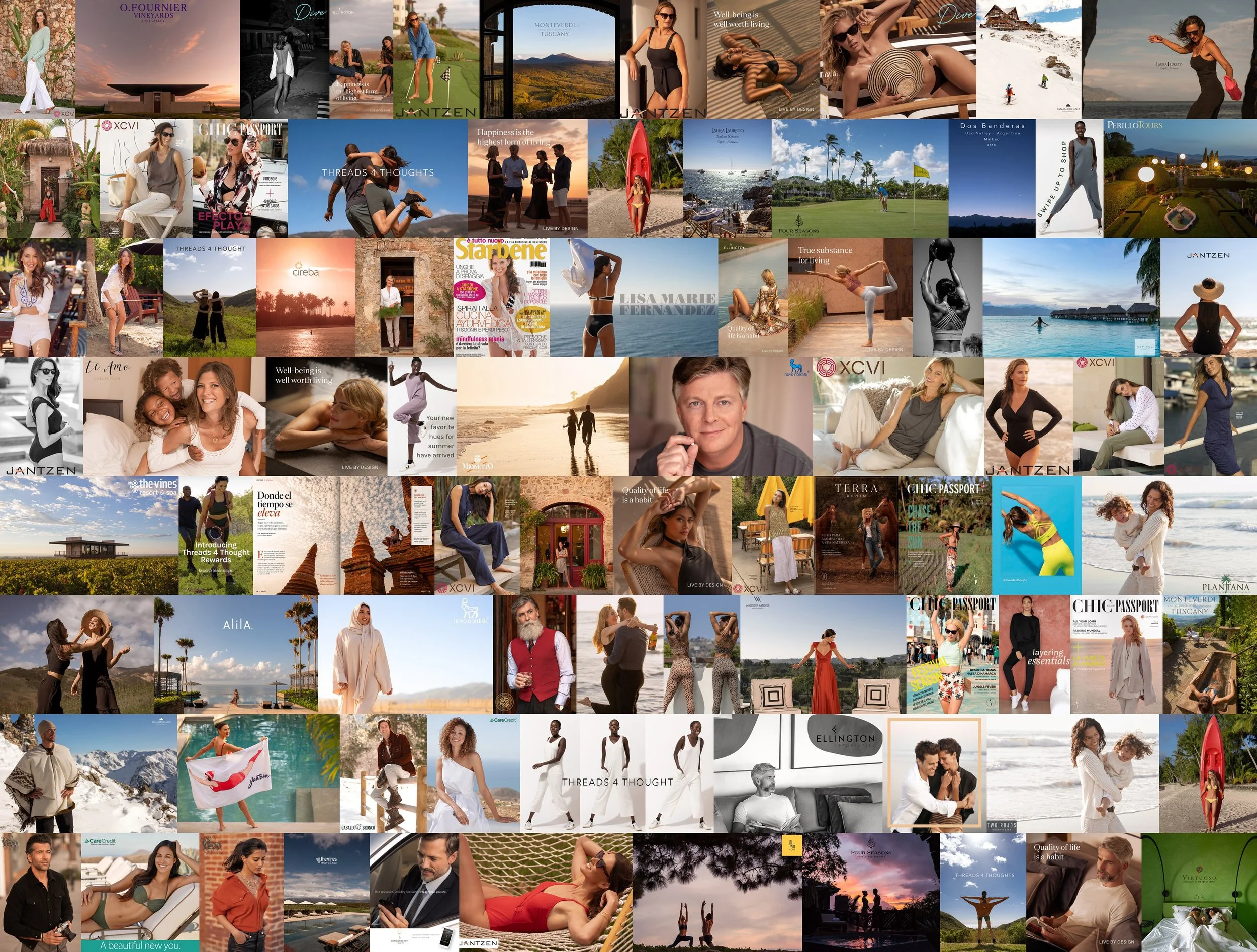 A collage of various vacation and lifestyle images including people relaxing on beaches, playing golf, hiking, and sightseeing in scenic locations, along with some magazine covers, advertisements, and promotional graphics.