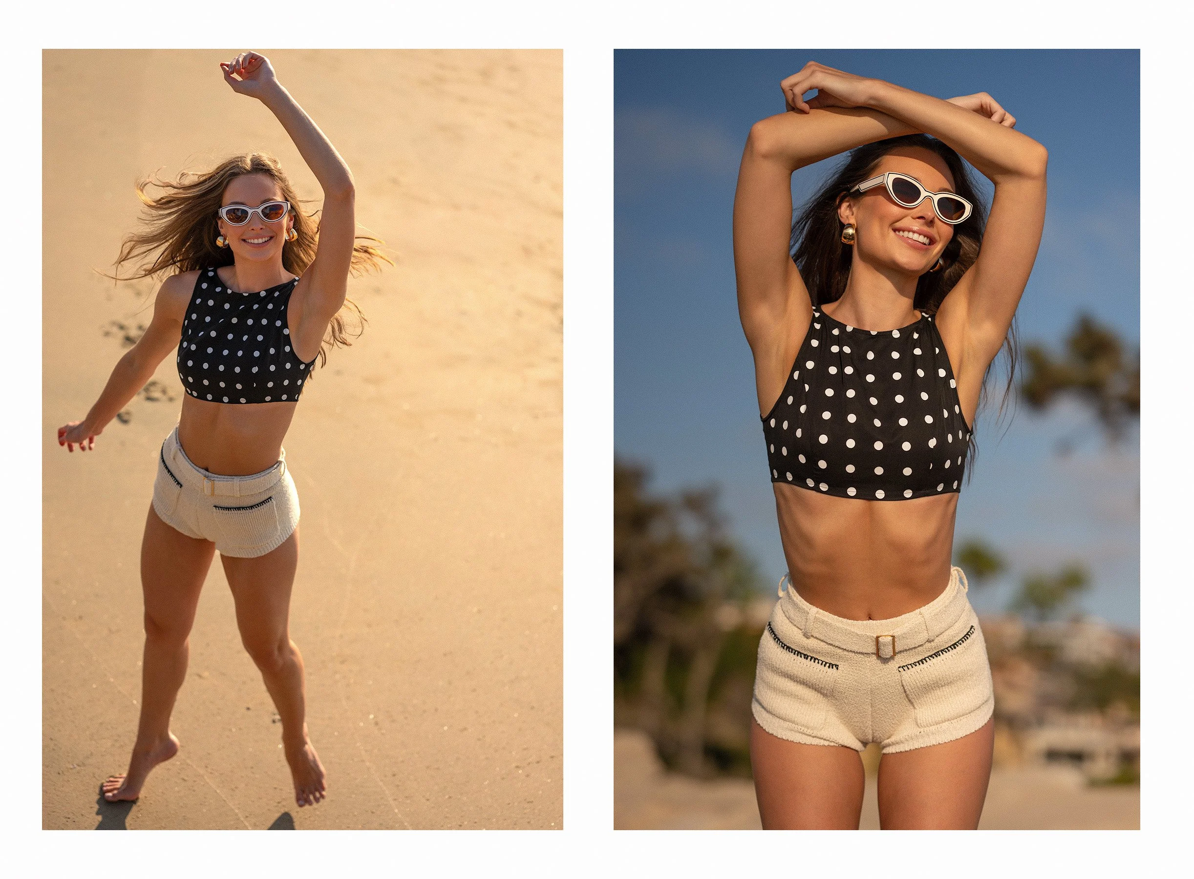 Side-by-side photos of a woman wearing polka dot crop top and beige shorts, smiling with sunglasses, outdoors on a sunny day. Photographed by Fashion, resort, swimwear, luxury lifestyle photographer, Kelly Fajack.