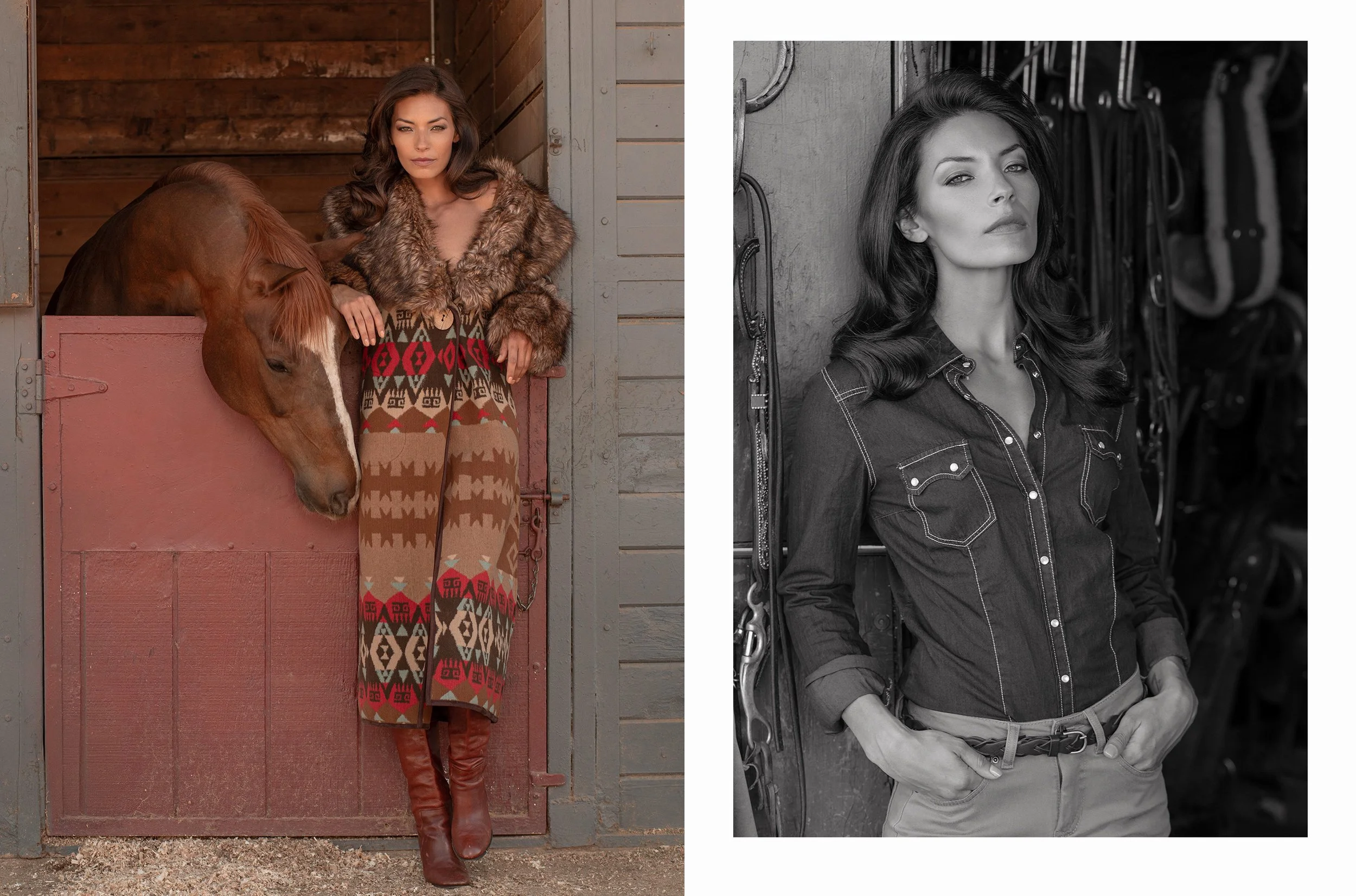 A woman in a colorful patterned dress and fur coat stands beside a brown horse in a stable, looking at the camera. The second part of the image is a black and white photo of a woman with long hair, wearing a denim shirt with rolled-up sleeves, standi