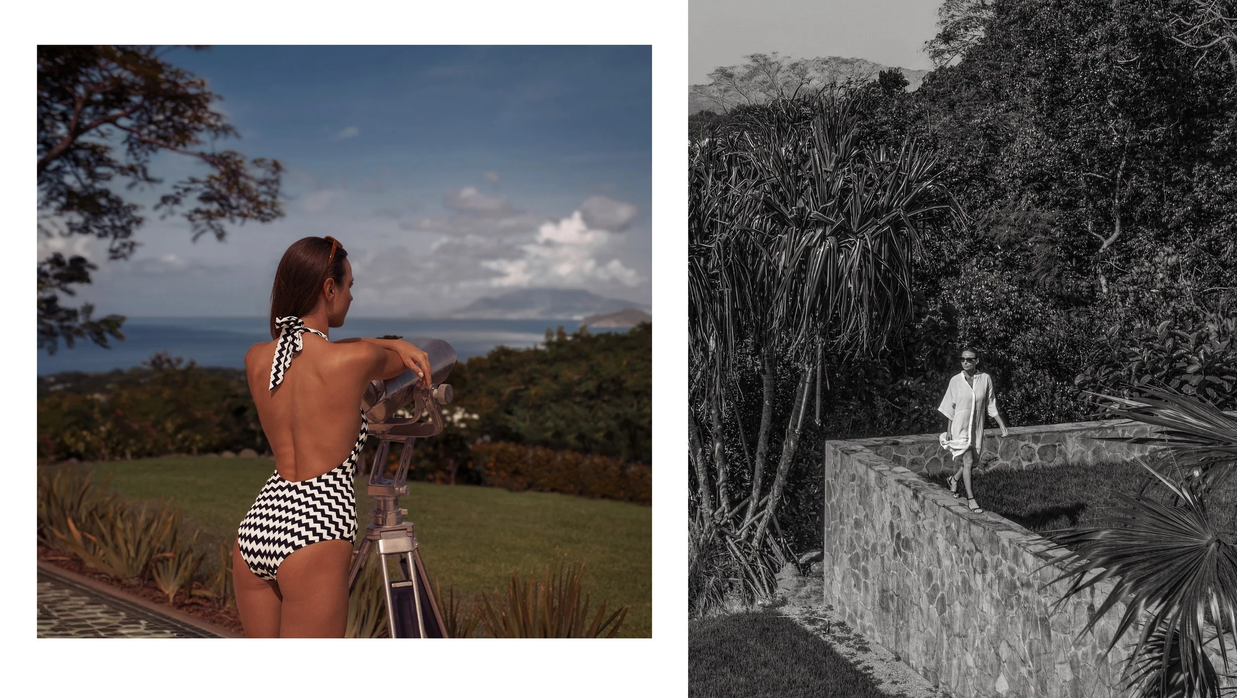 Color photo of a woman in a striped swimsuit looking through a telescope outdoors with trees and mountains in the background. Black and white photo of a different woman walking along a stone path with lush vegetation around her.