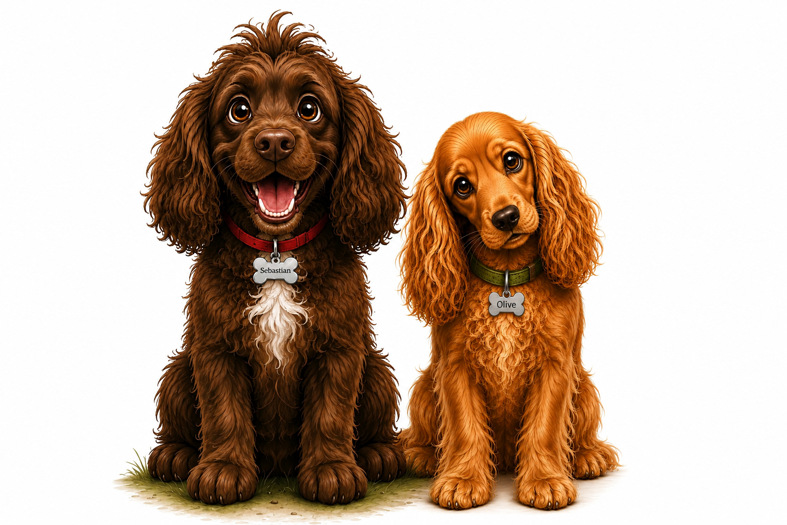 Sebby and Olive sitting together, wearing their red and olive-green collars.