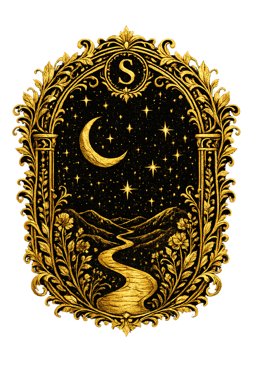 House Sapphodora Apothecary logo: a crescent moon above a winding path beneath a starry arch