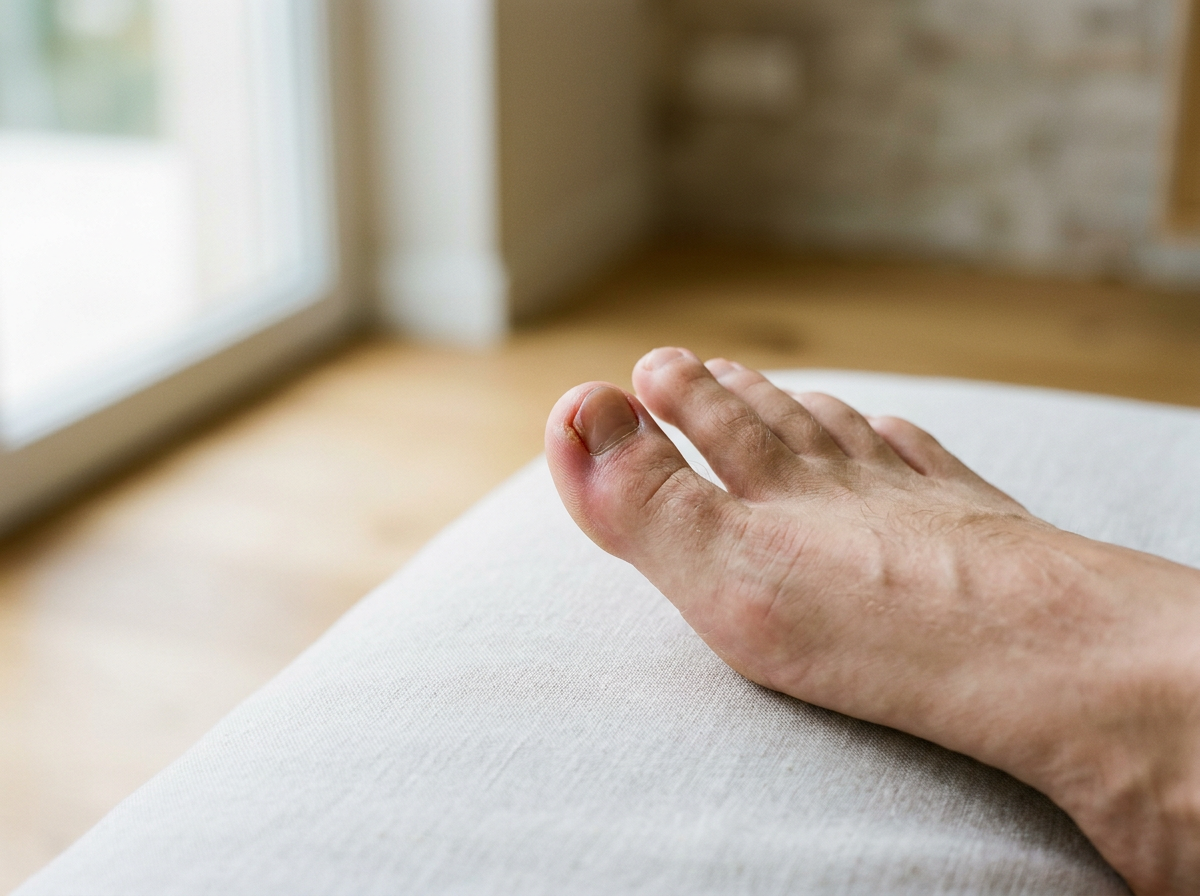 Close-up of an injured thumb with swelling and redness, resting on light-colored fabric, near a window with blurred background.