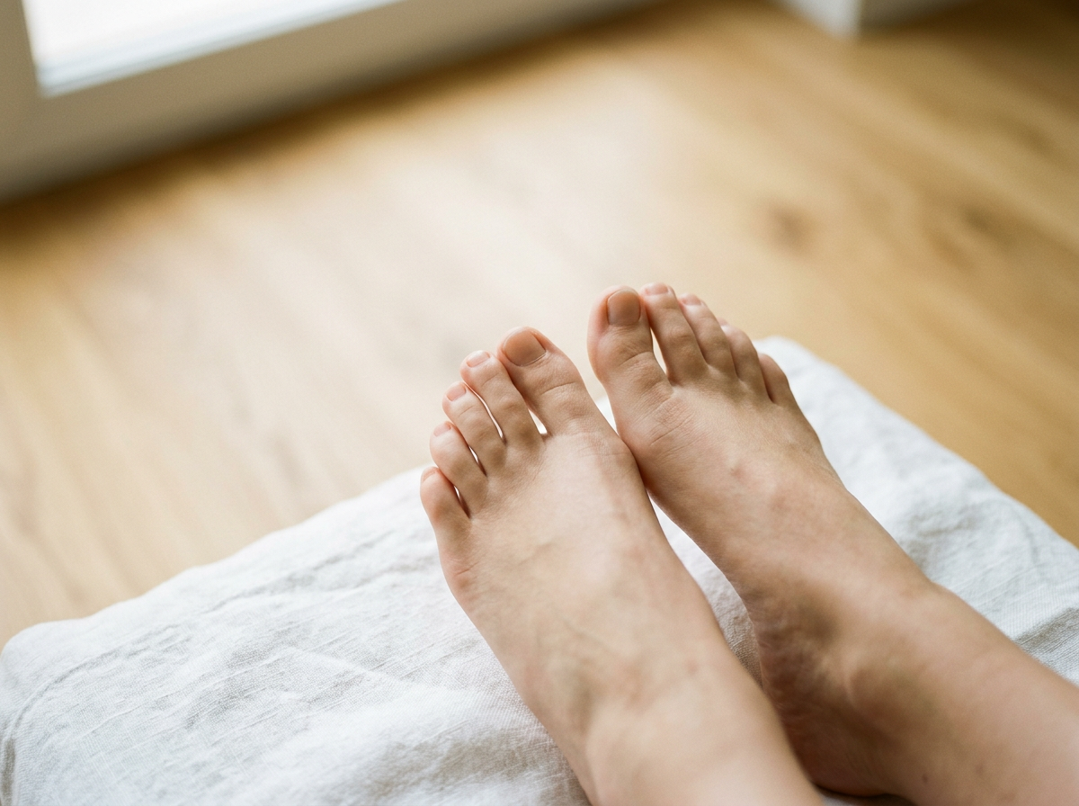 Close-up of bare feet resting on a white surface, with a wooden floor and a window in the background.