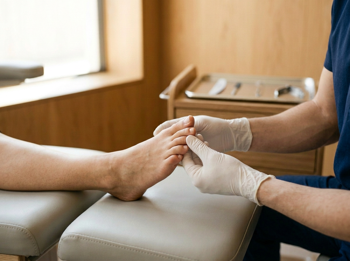 Healthcare professional examining or massaging a patient's foot in a clinical setting.