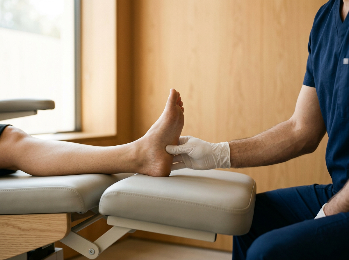 A healthcare professional wearing gloves examining a patient's foot in a clinic or hospital setting.