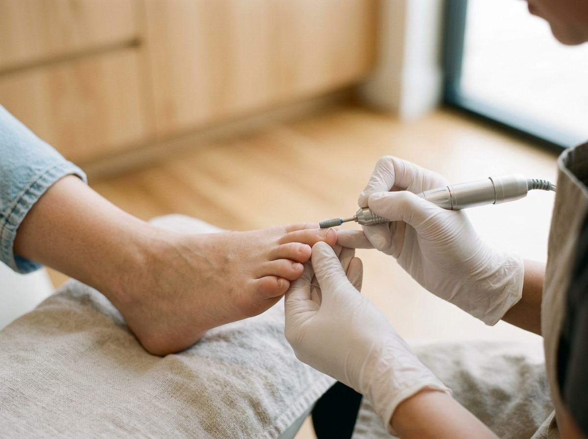 A person receiving a foot pedicure from a professional wearing gloves, using an electric nail drill on their toenail.