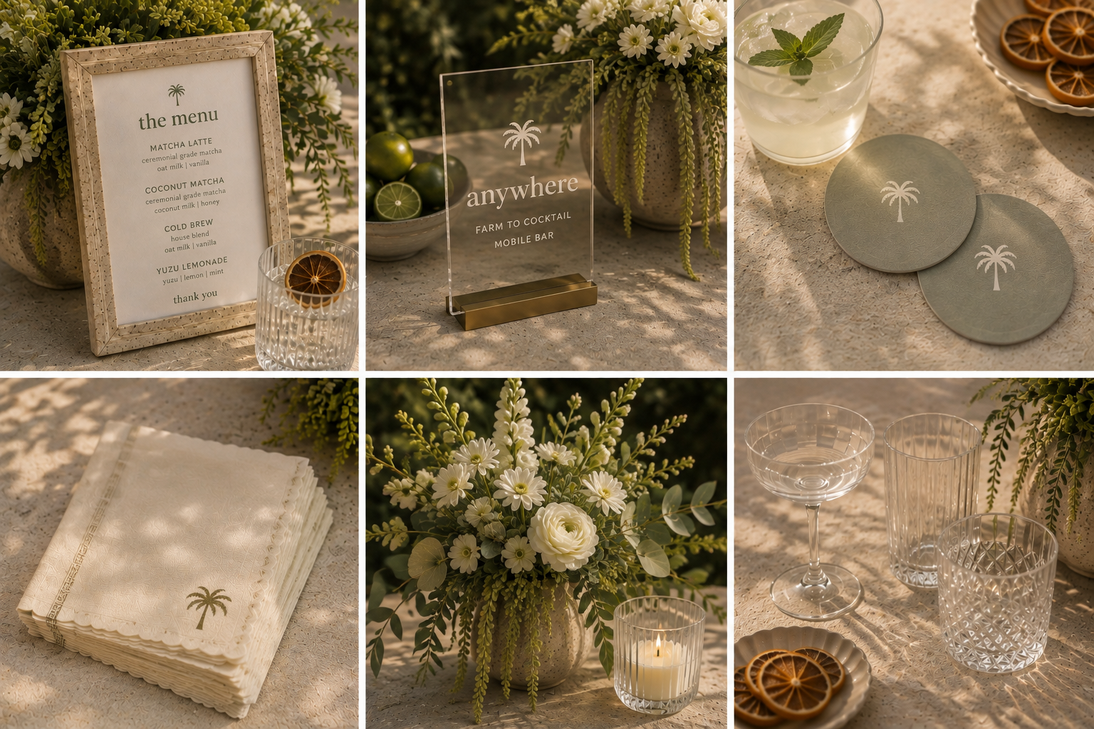A cocktail menu in a white frame, a wooden sign with "anywhere" and a palm tree logo, two coasters with palm tree illustrations, a glass with a dried orange slice, a stack of napkins with a palm tree logo, a floral arrangement with white flowers and greenery, and glassware with a candle and dried orange slices, all set on a textured surface with greenery around.