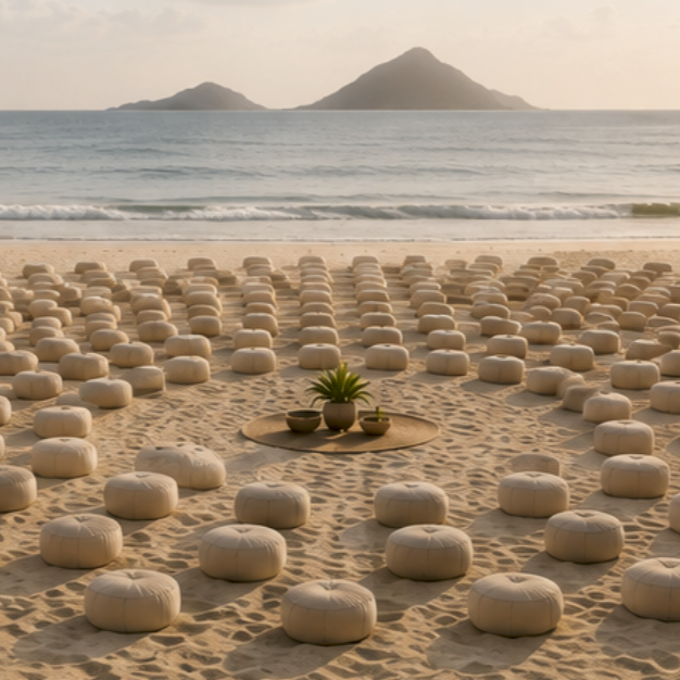 Beach scene with white round cushions arranged in rows, centered around a round table with potted plant, facing the ocean with mountains in the background.