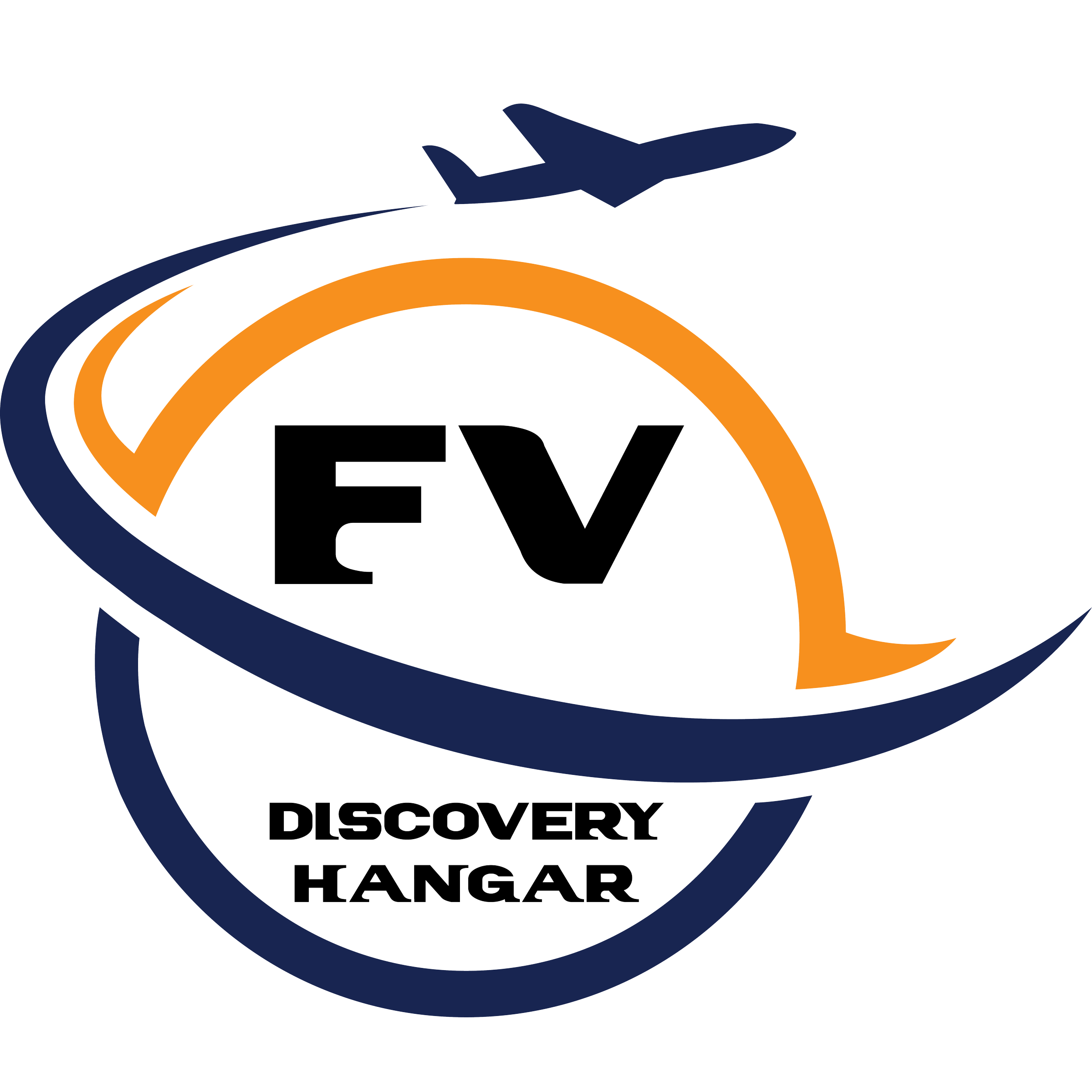 A logo with a stylized airplane flying above the words 'Discovery Hangar' in bold black text, surrounded by orange and blue circular design elements.