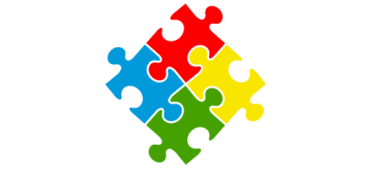 Colorful jigsaw puzzle pieces connected in a diamond shape, including blue, red, yellow, and green pieces.