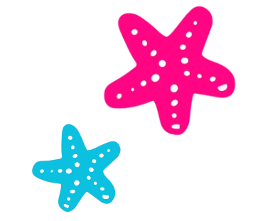 Two colorful starfish, one pink and one blue, with dotted patterns.