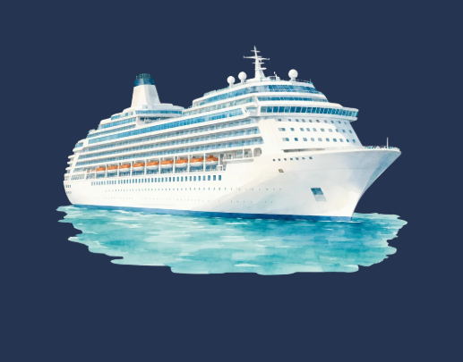 A large white cruise ship on the ocean against a dark background.